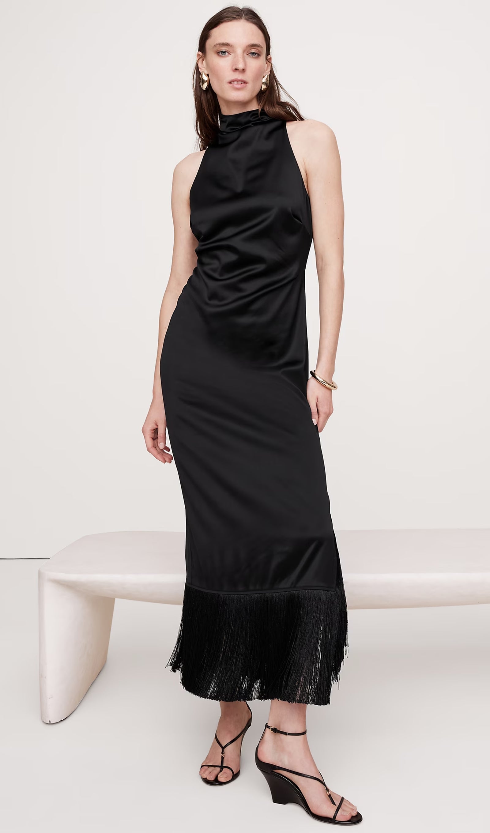 Püsküllü Saten Midi Elbise Siyah