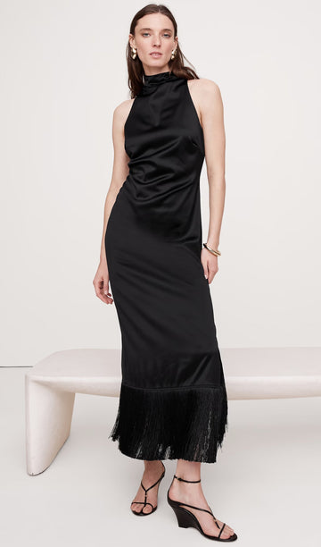 Püsküllü Saten Midi Elbise Siyah