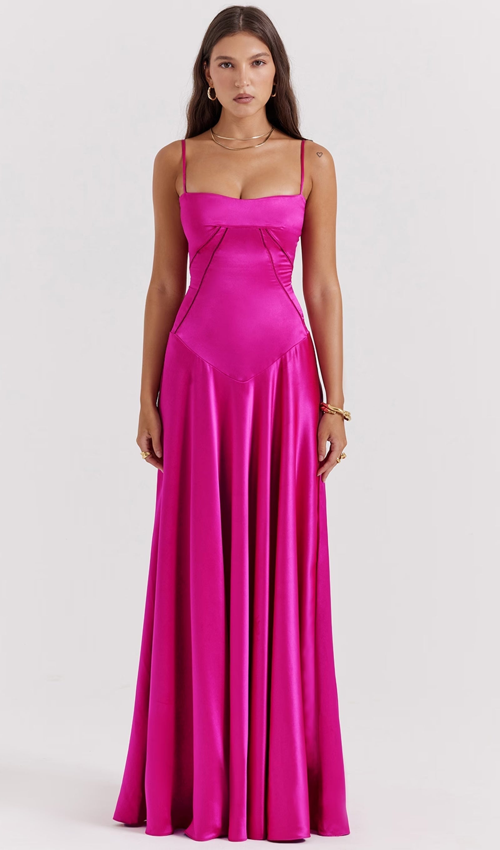 Saten Dantelli Maksi Elbise