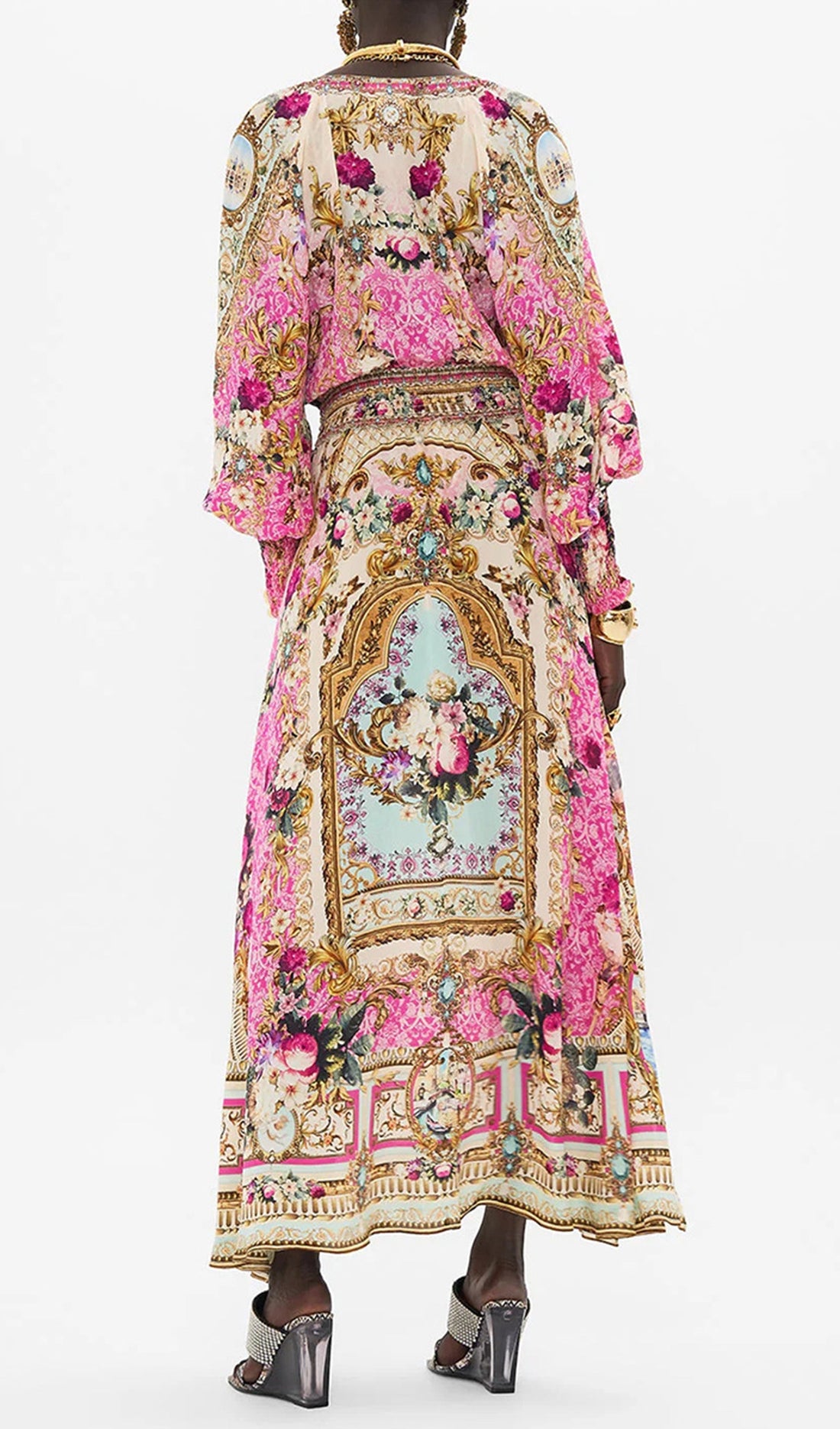 Boho Çiçekli Uzun Kollu V Yaka Maxi Elbise