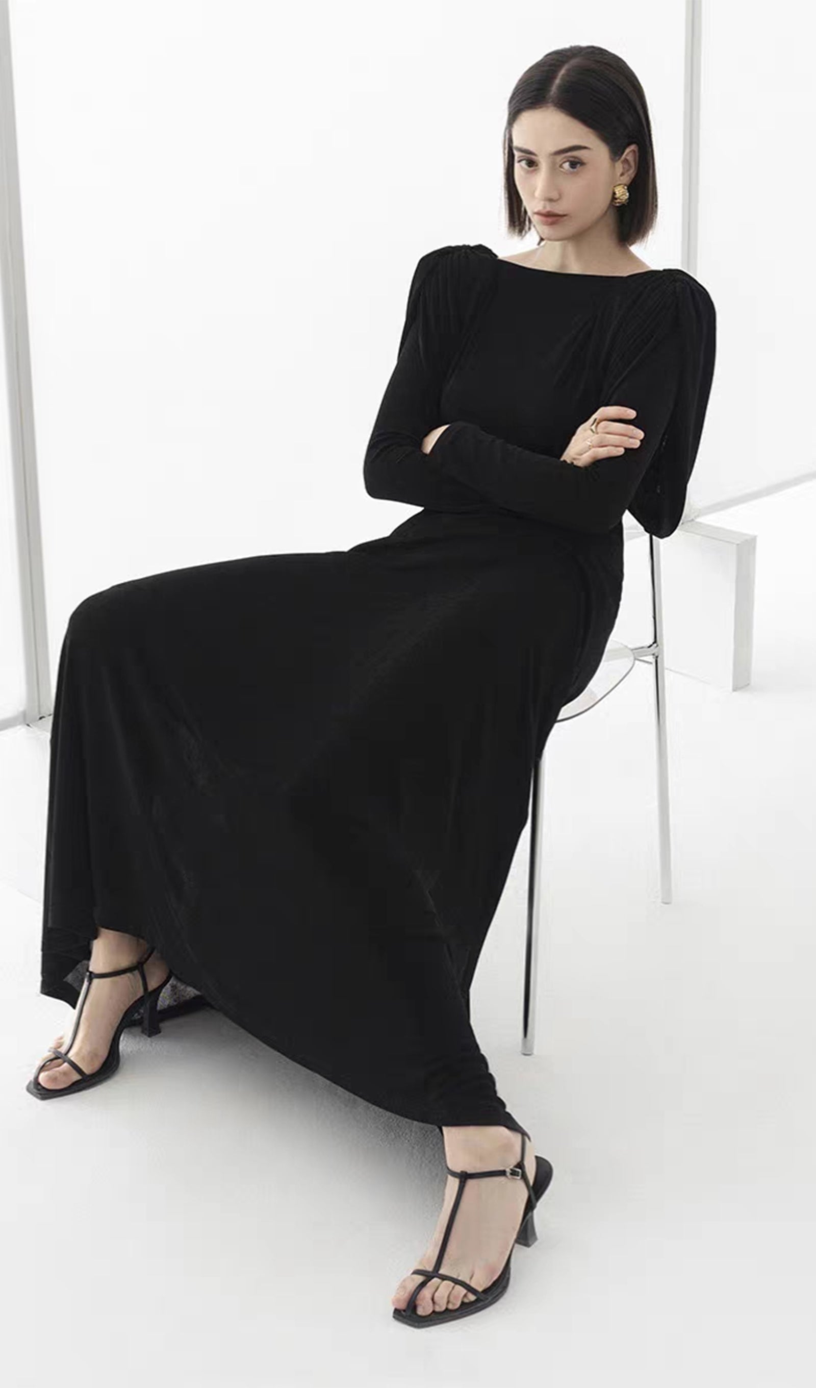 Metalik Dekorlu Maksi Elbise