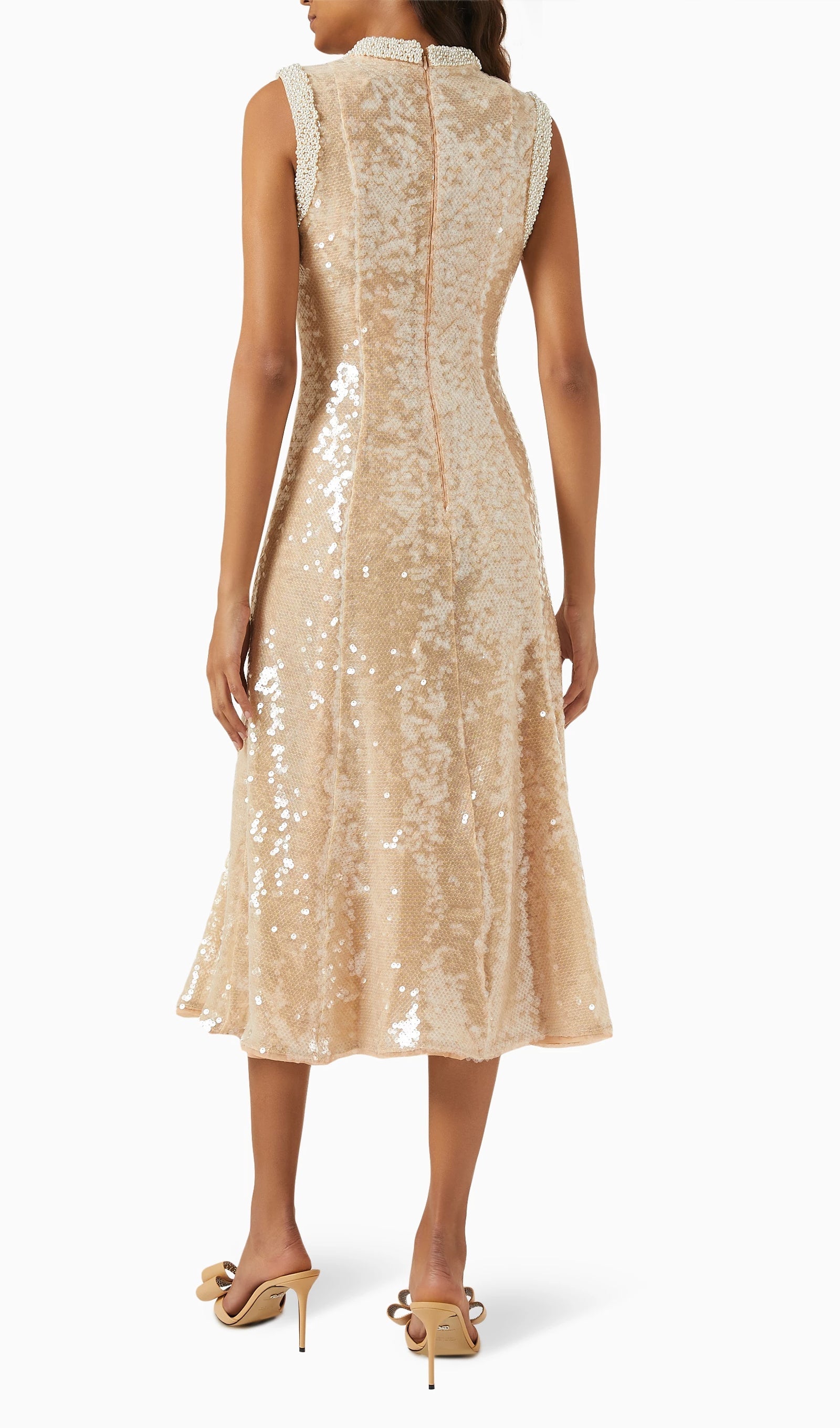 Payet İşlemeli İnci Süslemeli Midi Elbise