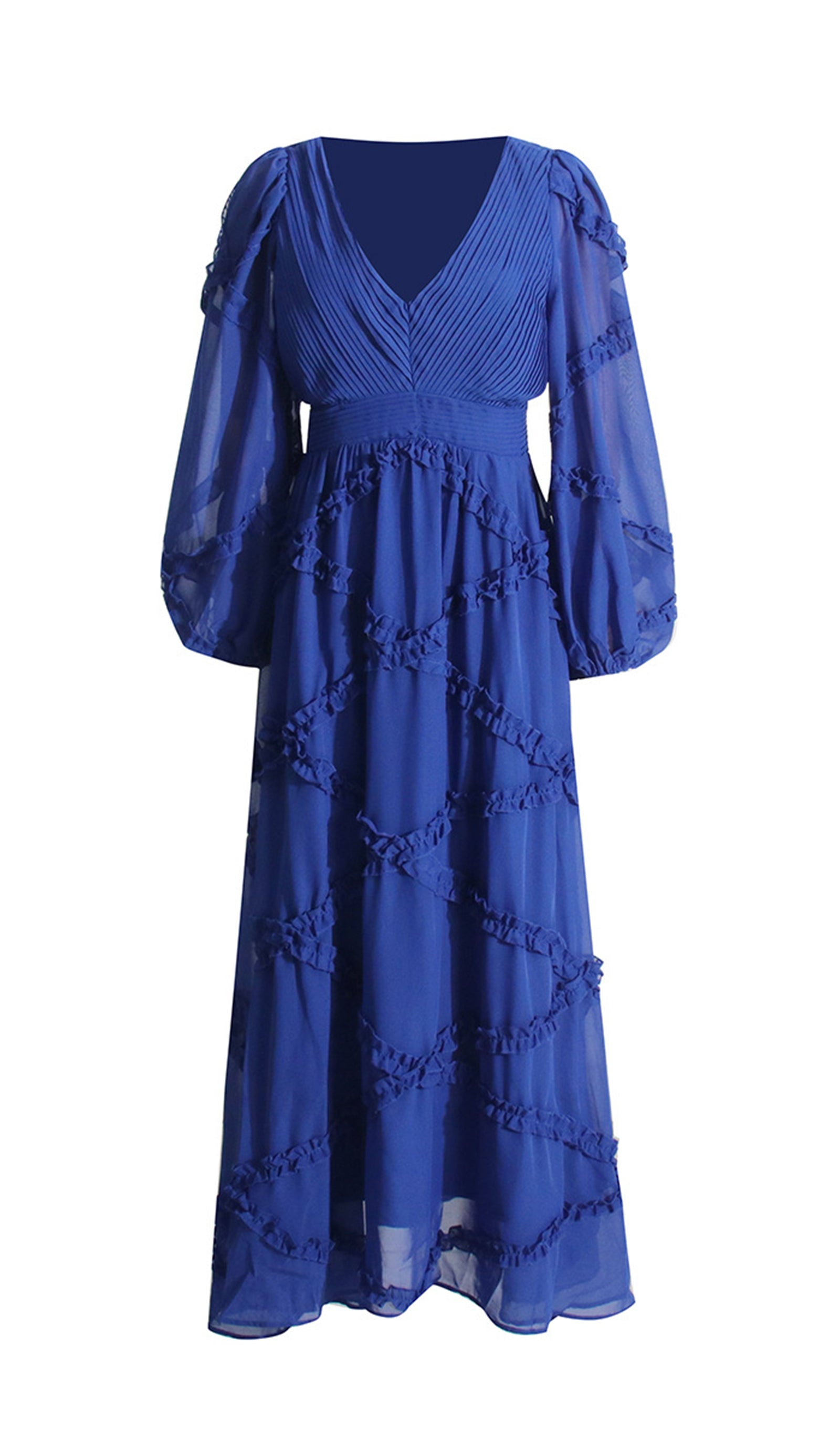 File Uzun Kollu V Yaka Maksi Elbise