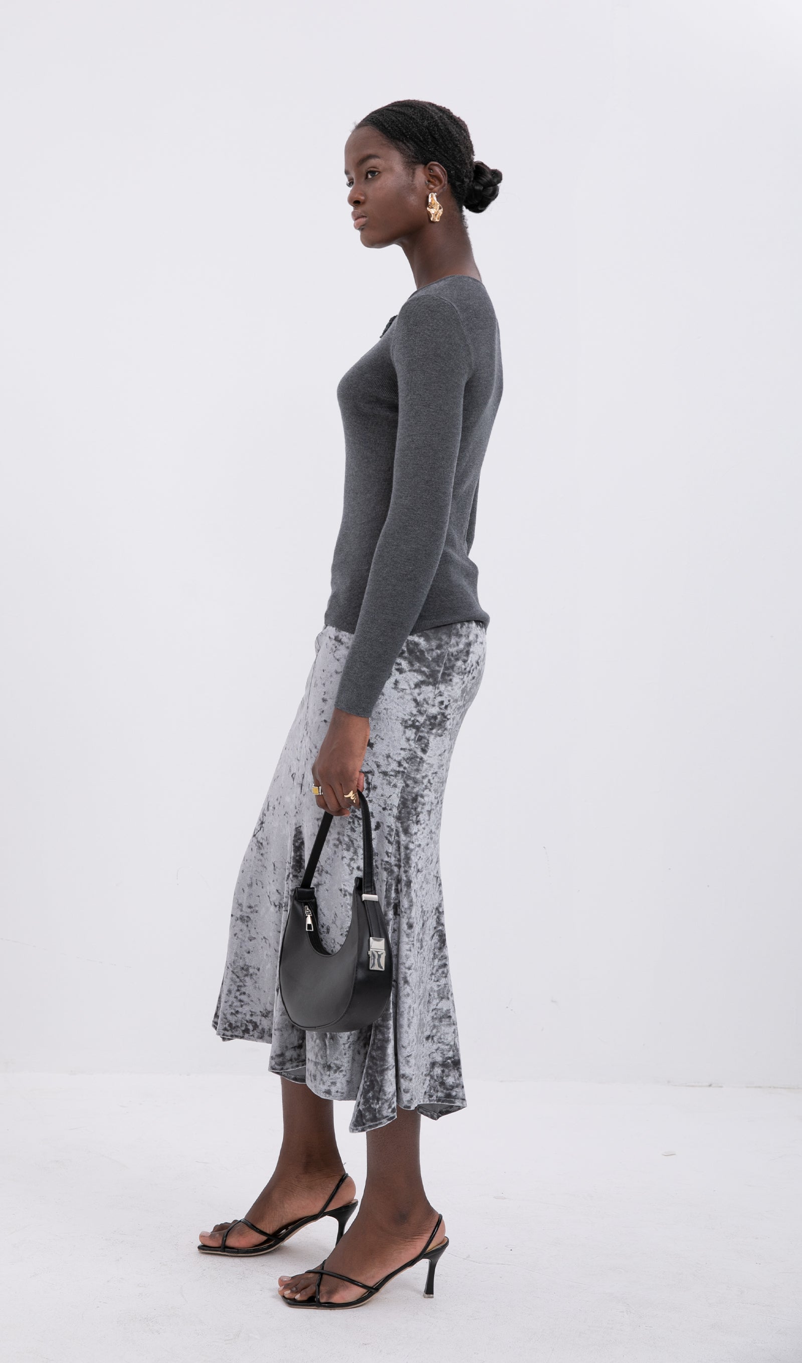 Trendy Yüksek Bel Kadife Midi Etek-Gümüş