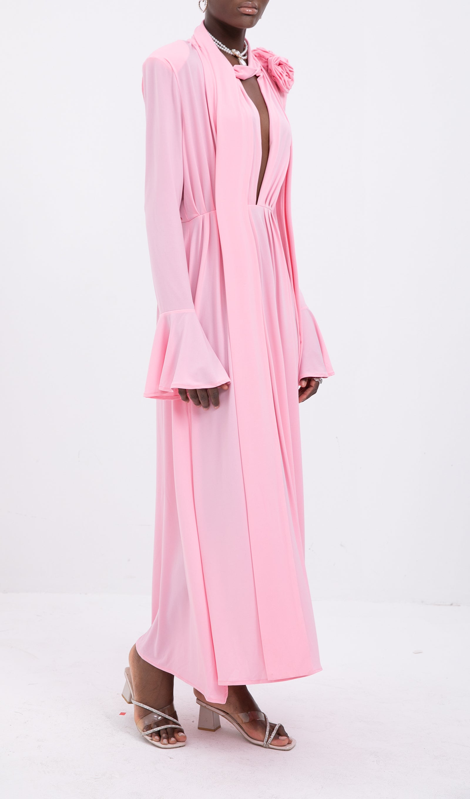 Trendy V Yaka Pileli Yırtmaçlı Maksi Elbise-Pembe