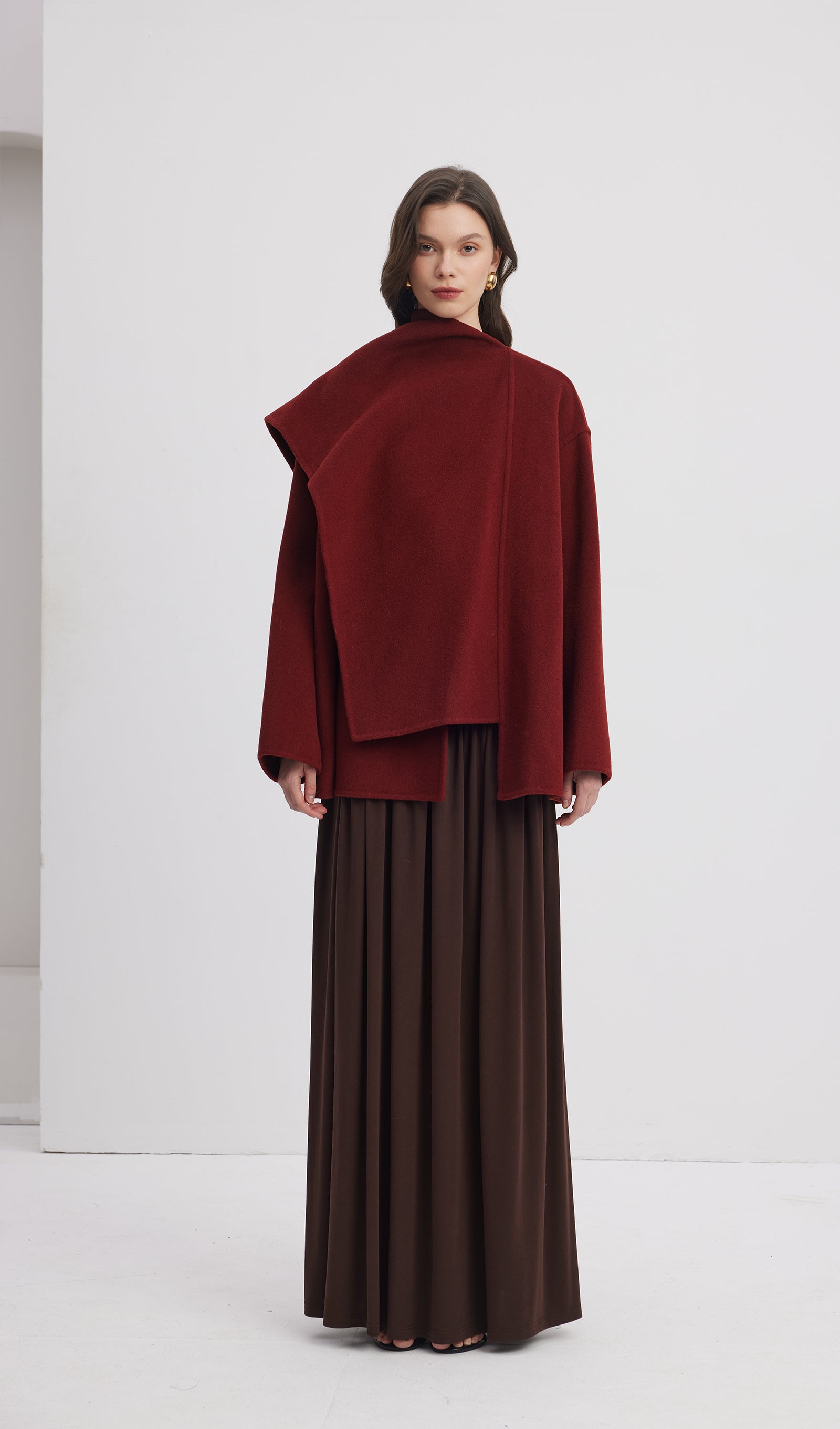 Düz Pelerin Stili %100 Yün Kaban-Şarap Kırmızısı