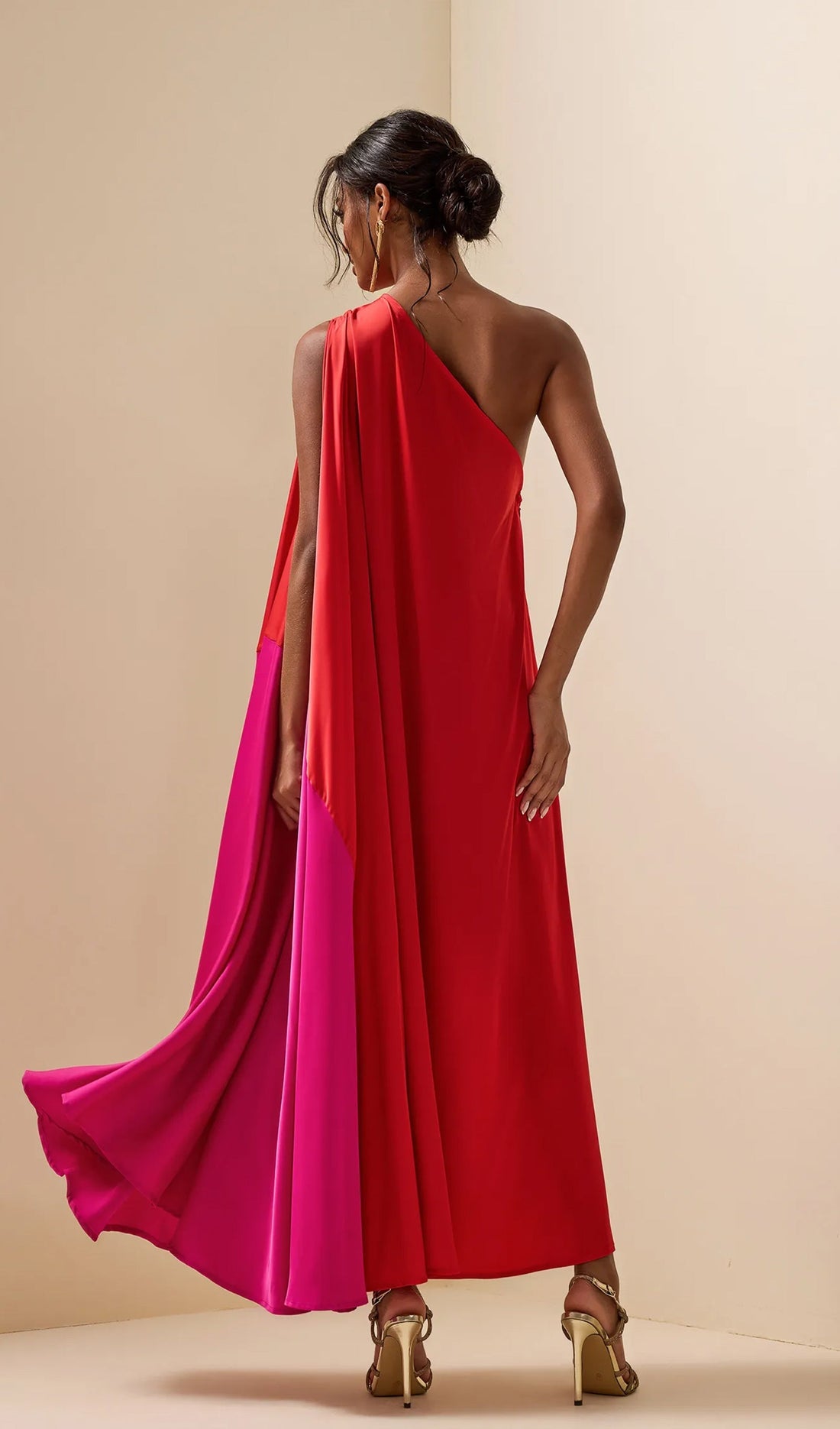 Renk Bloklu Saten Maksi Elbise