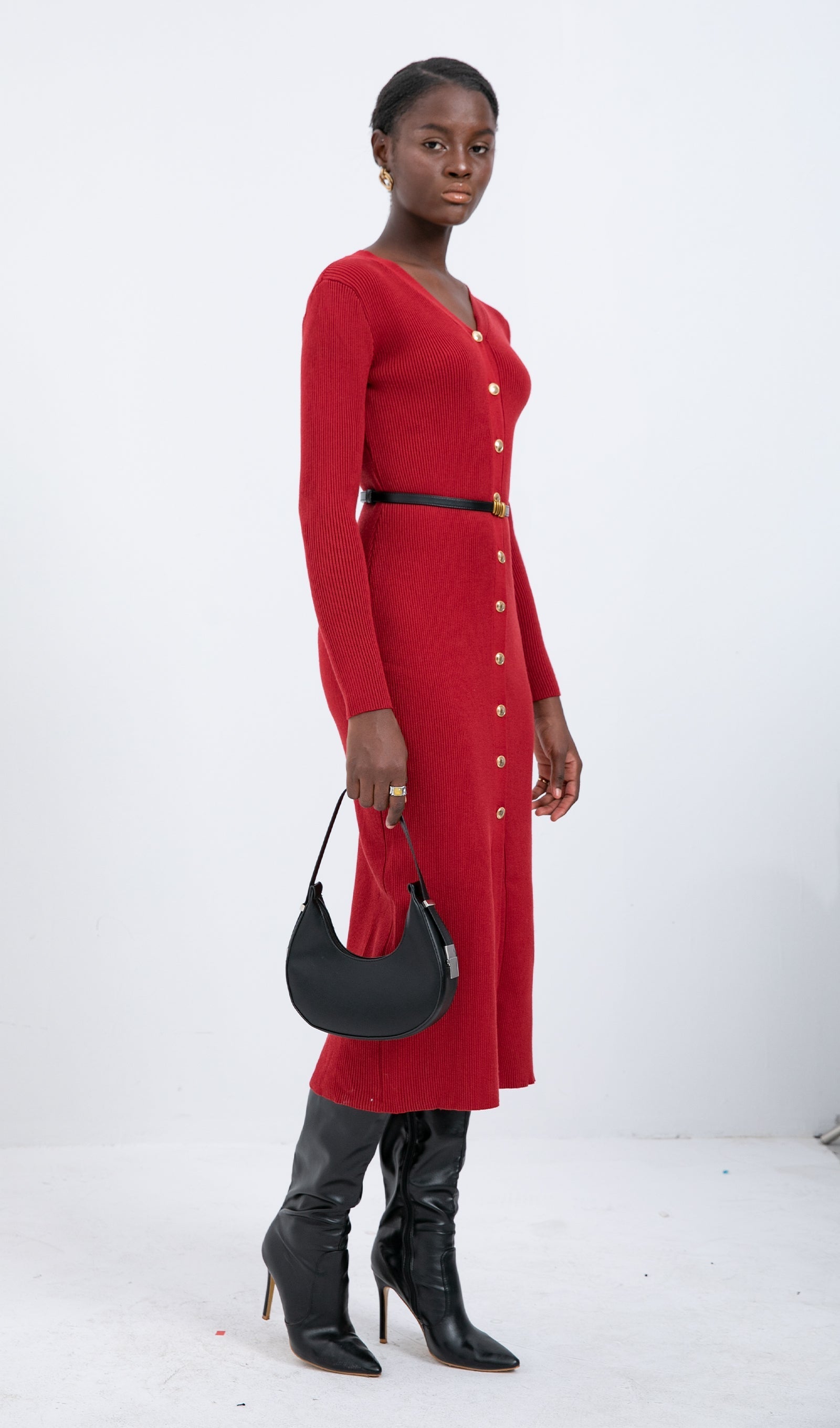 Trendy Kırmızı Örme Midi Elbise