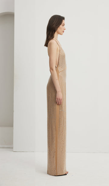 Süslemeli Kesik Maksi Elbise Nude