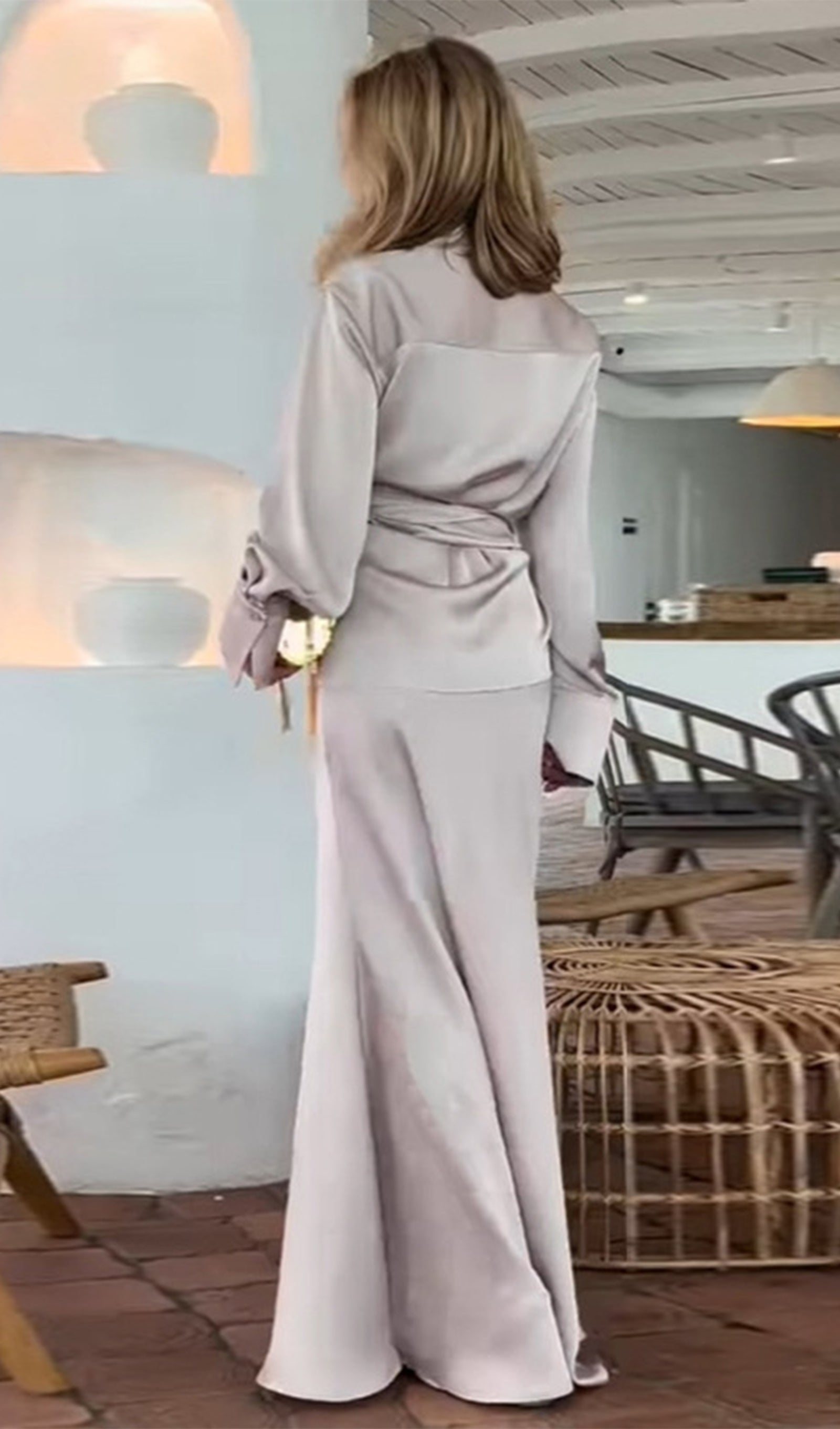 Düz Saten Gömlek Maksi Elbise