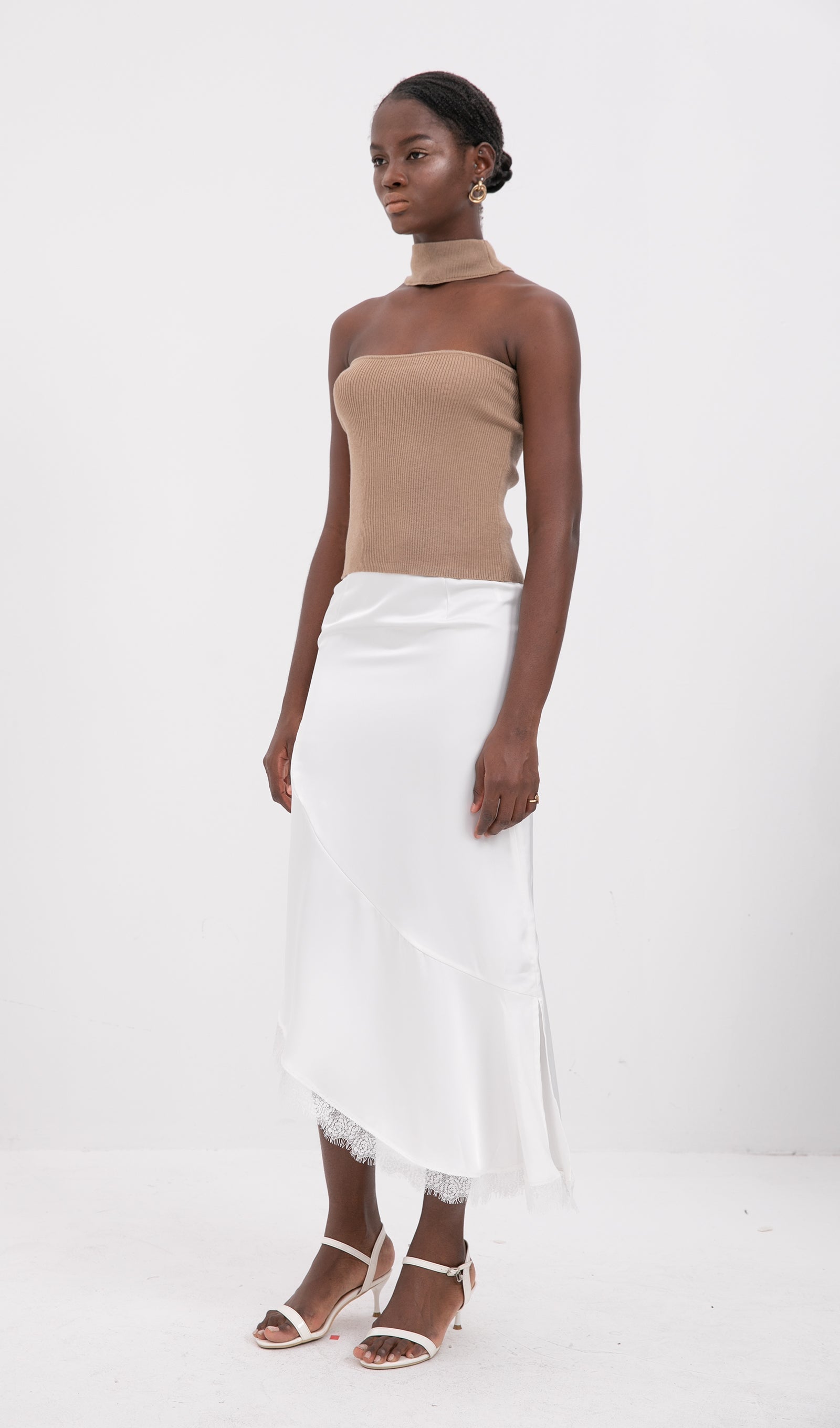 Trendy Saten Dantel Kenarlı Midi Etek-Beyaz