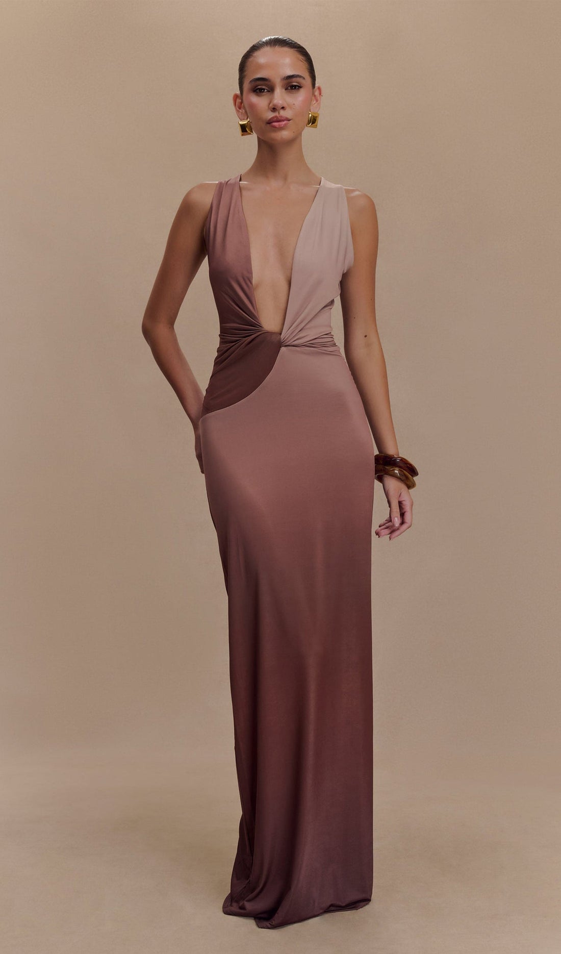 Drapeli Dar Maksi Elbise Mocha Ombre