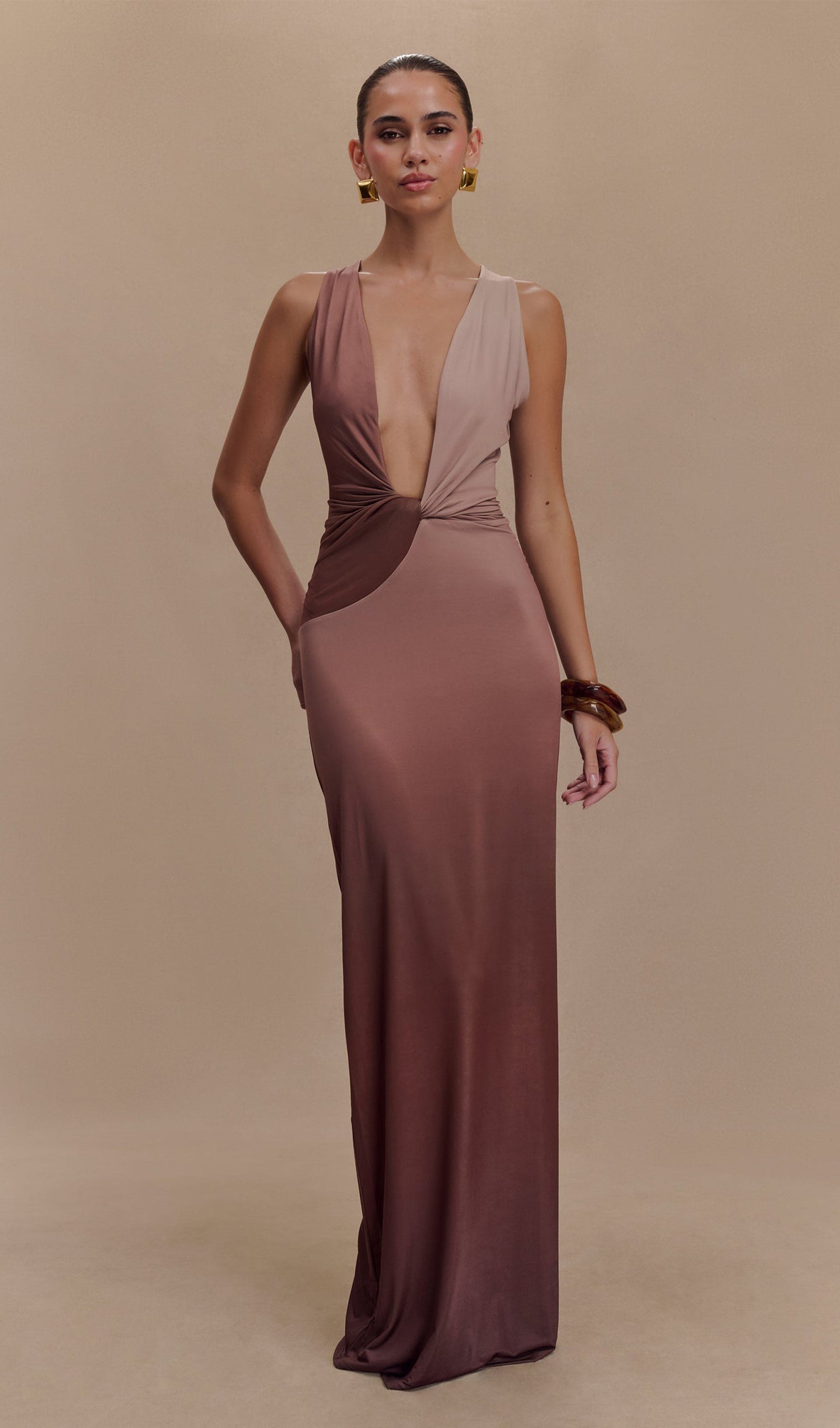 Drapeli Dar Maksi Elbise Mocha Ombre