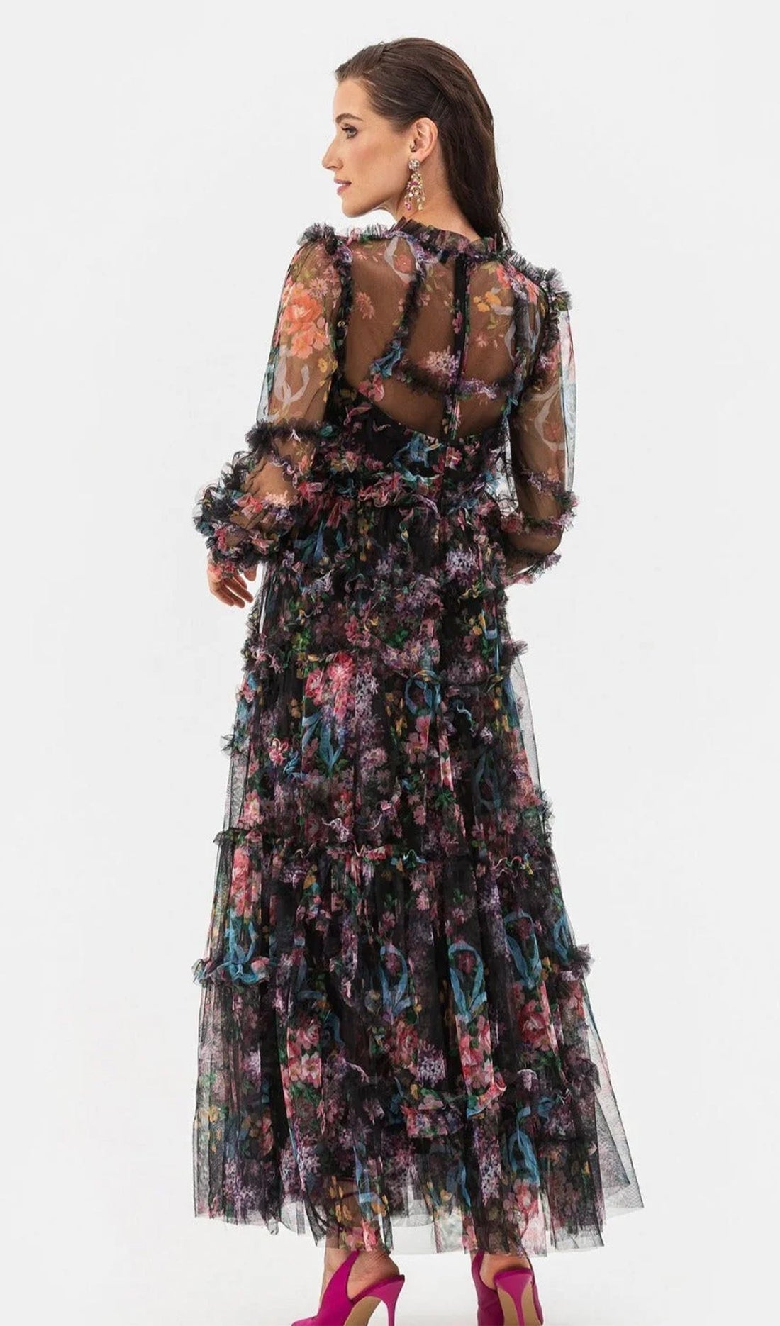 Uzun Kollu Çiçekli Fırfırlı Maksi Örgü Elbise