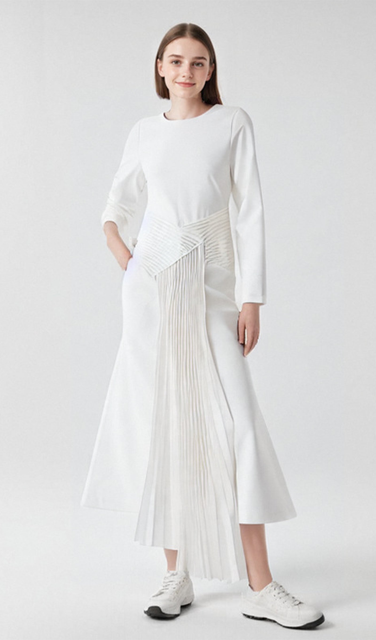 Düz Beyaz Fırfırlı Midi Elbise