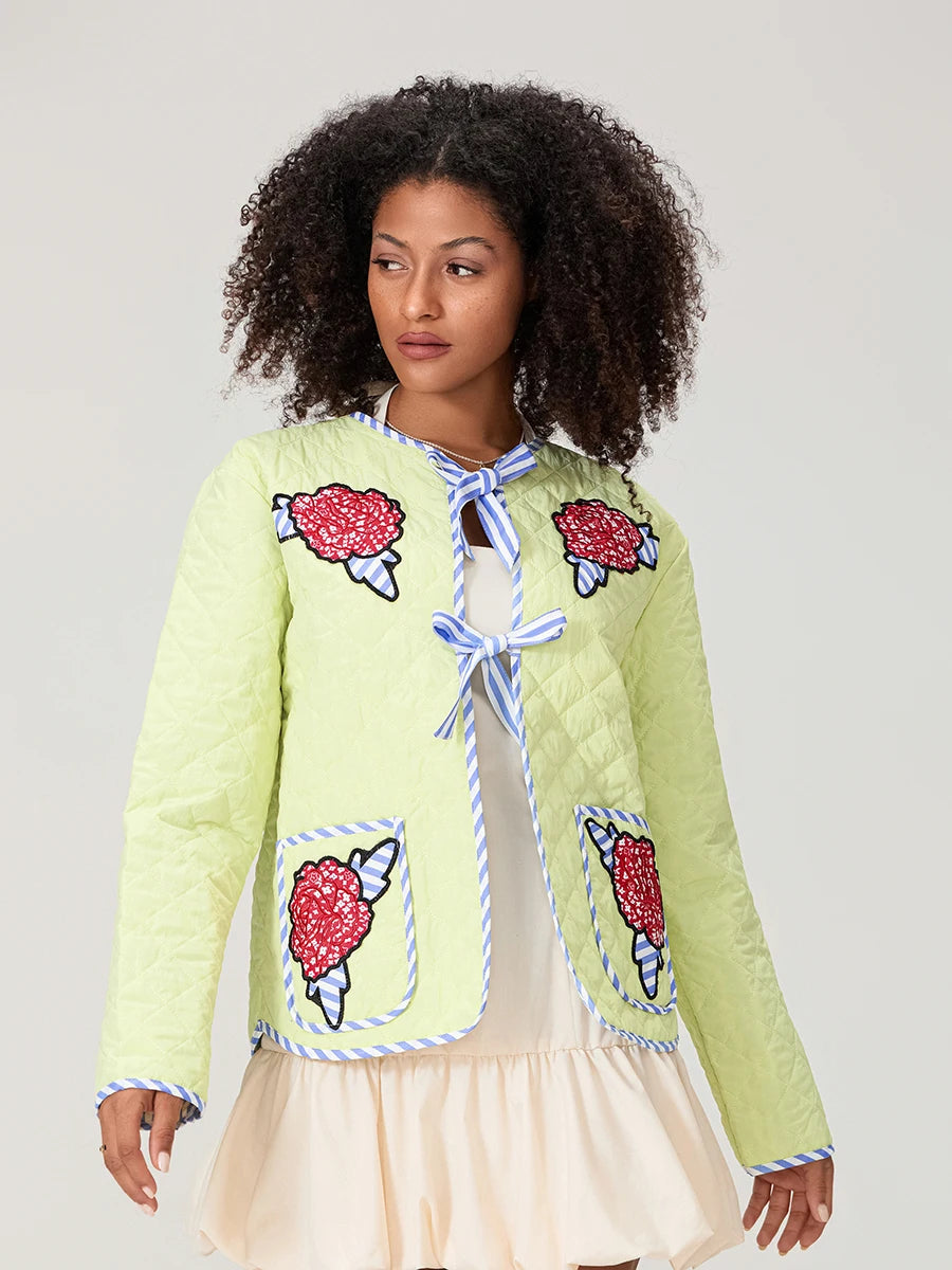 Gül Desenli Fiyonklu Kapitone Ceket -Sarı