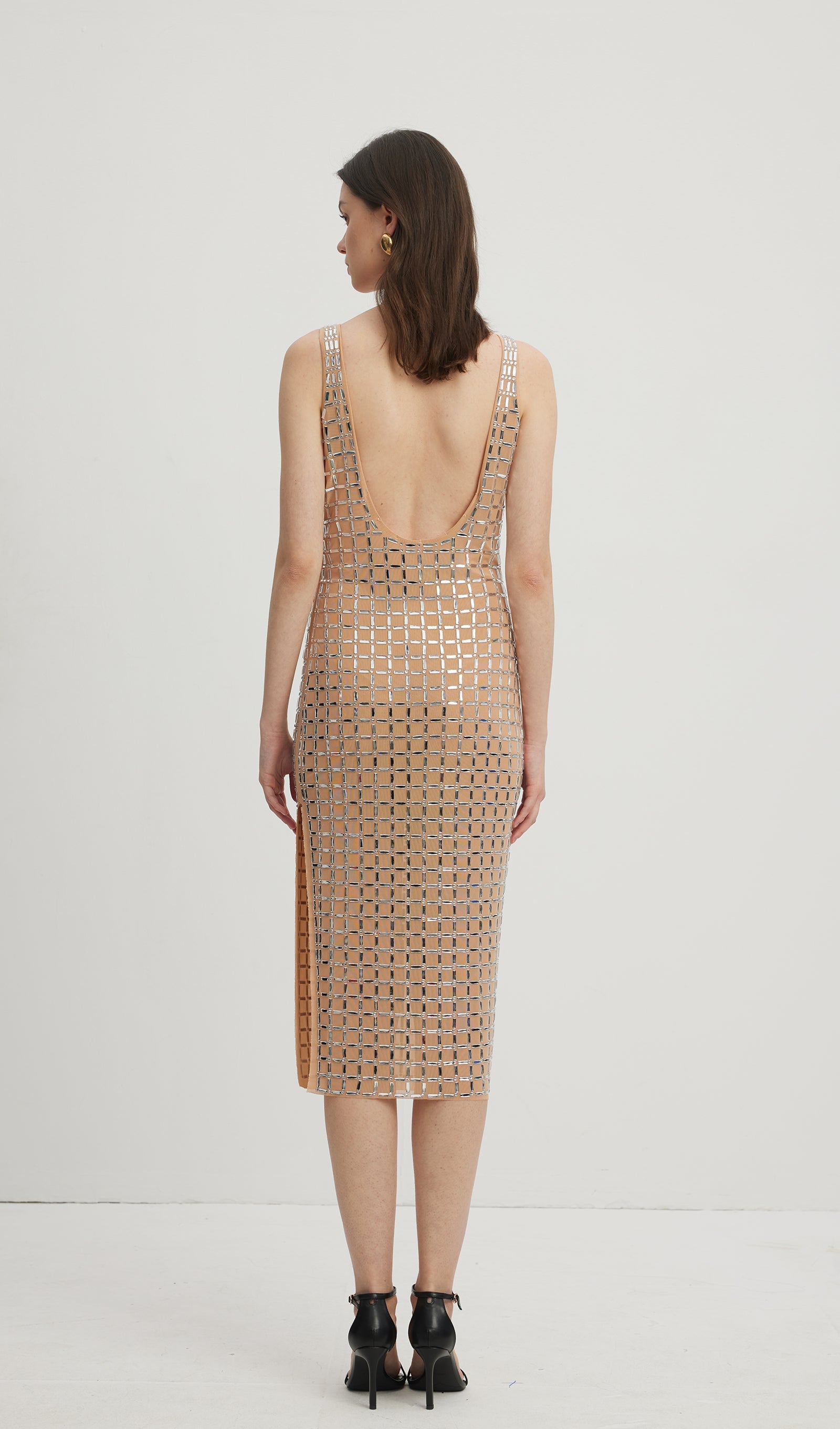 Süslemeli Sırtı Açık Midi Elbise Nude