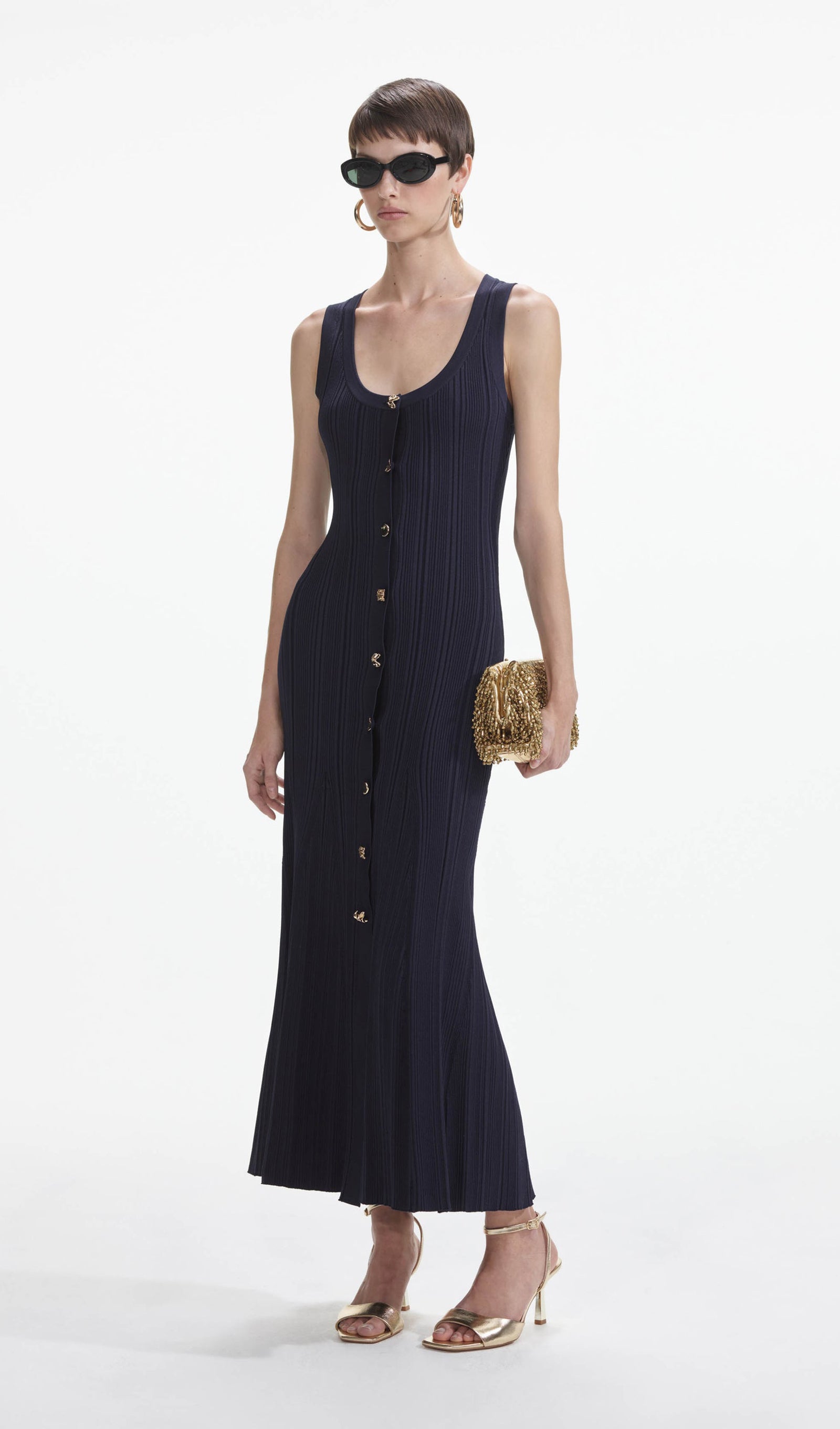 Metalik Düğmeli Örgü Midi Elbise