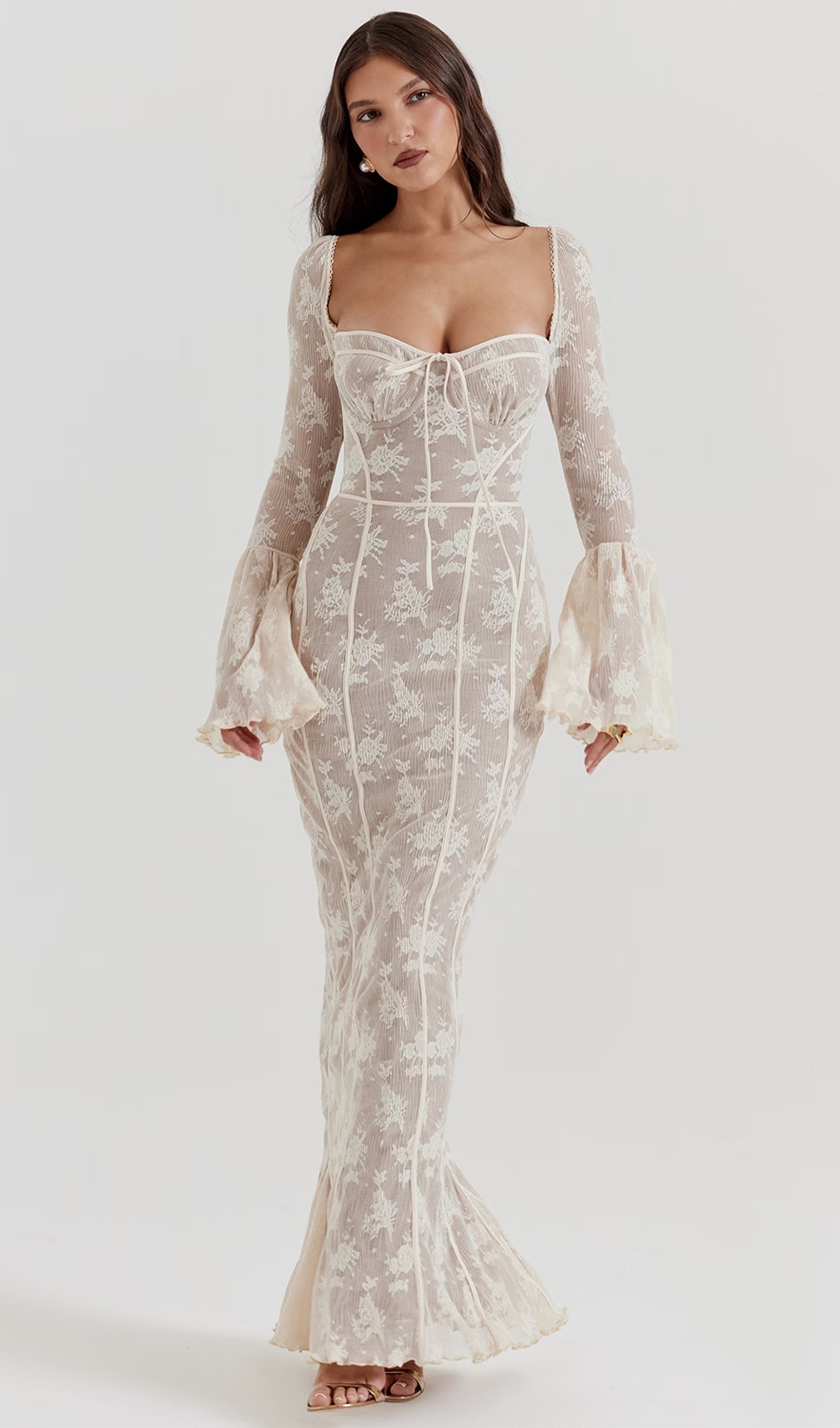 Vintage Krem Dantel Maksi Elbise