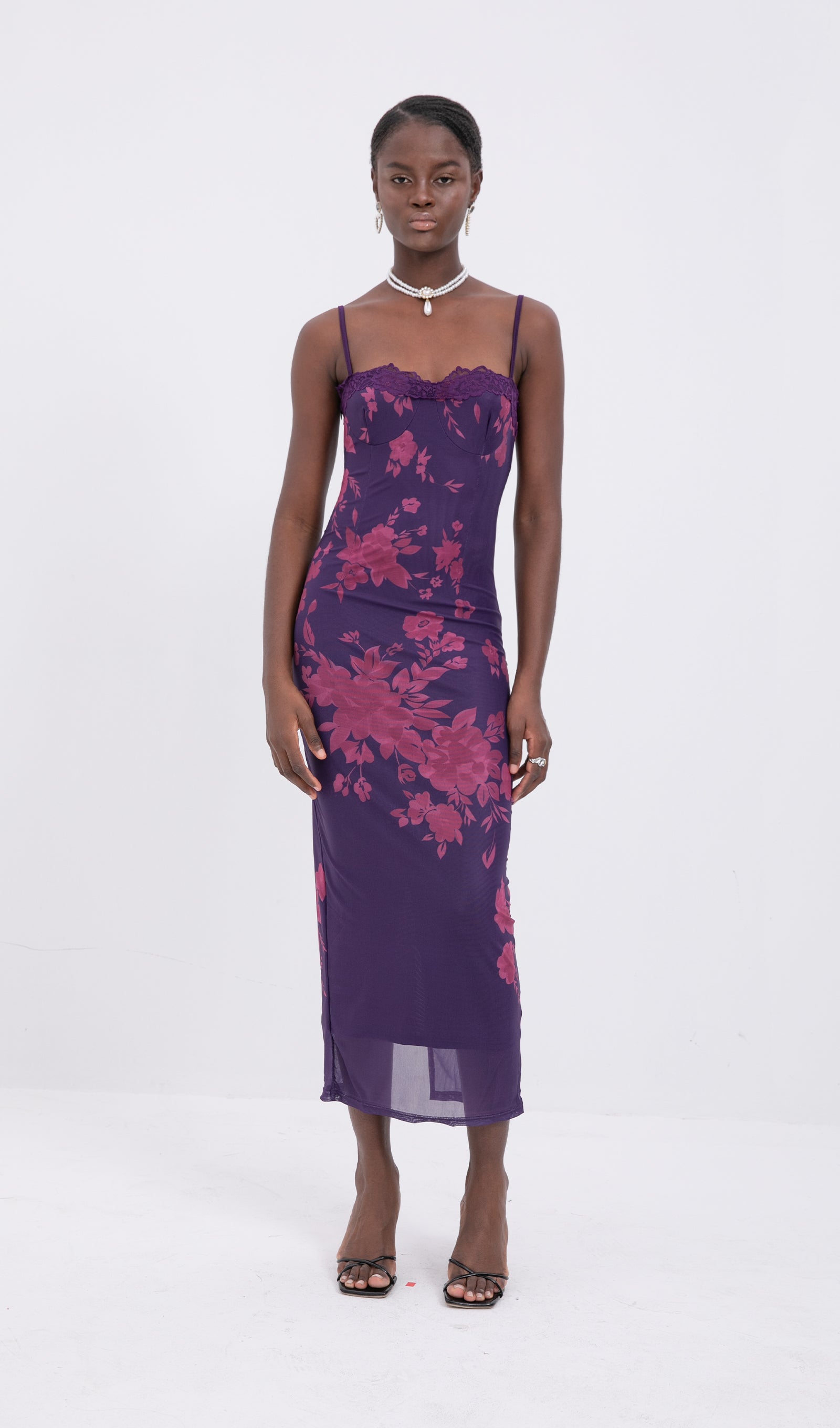 Trendy Bağcıklı Dantel Çiçekli Örgü Midi Elbise