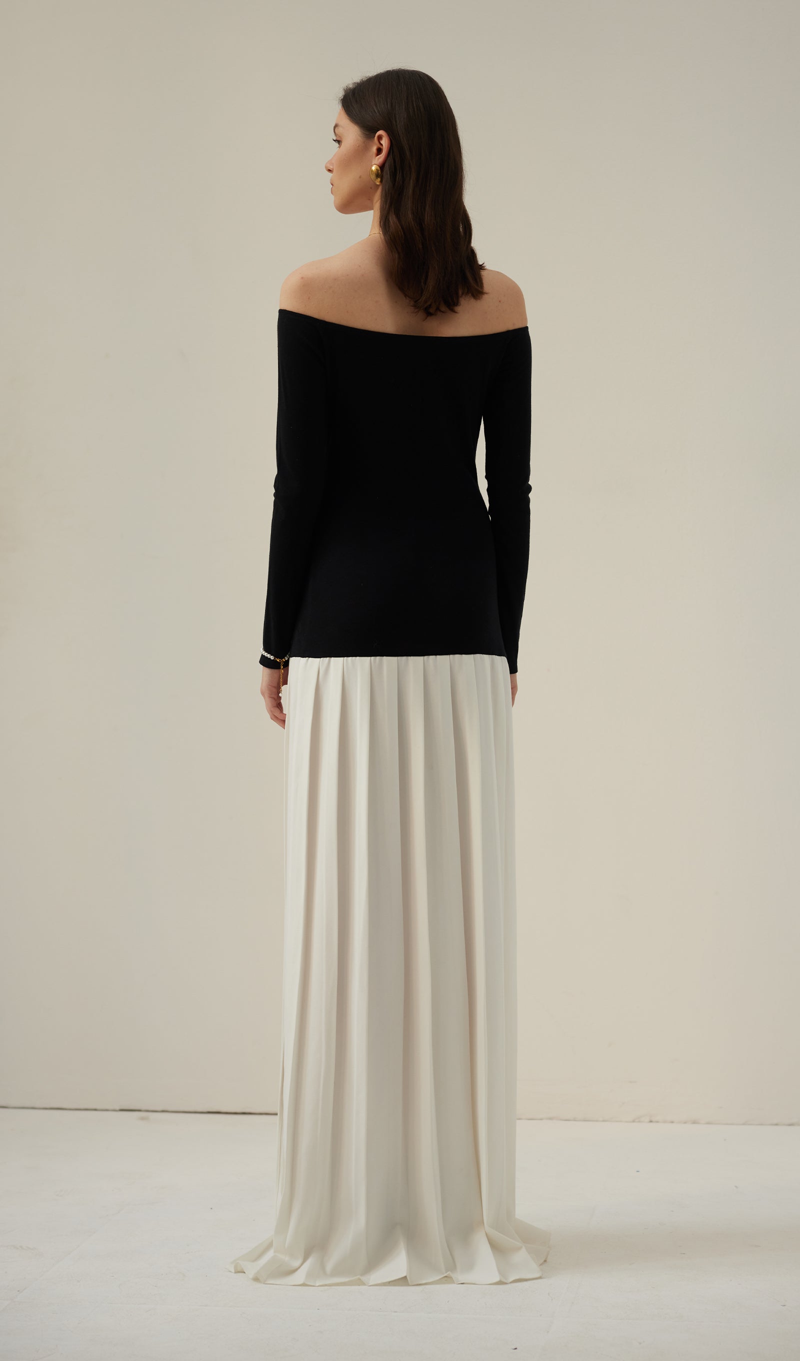 Kontrast Örgü Kapalı Omuz Maksi Elbise