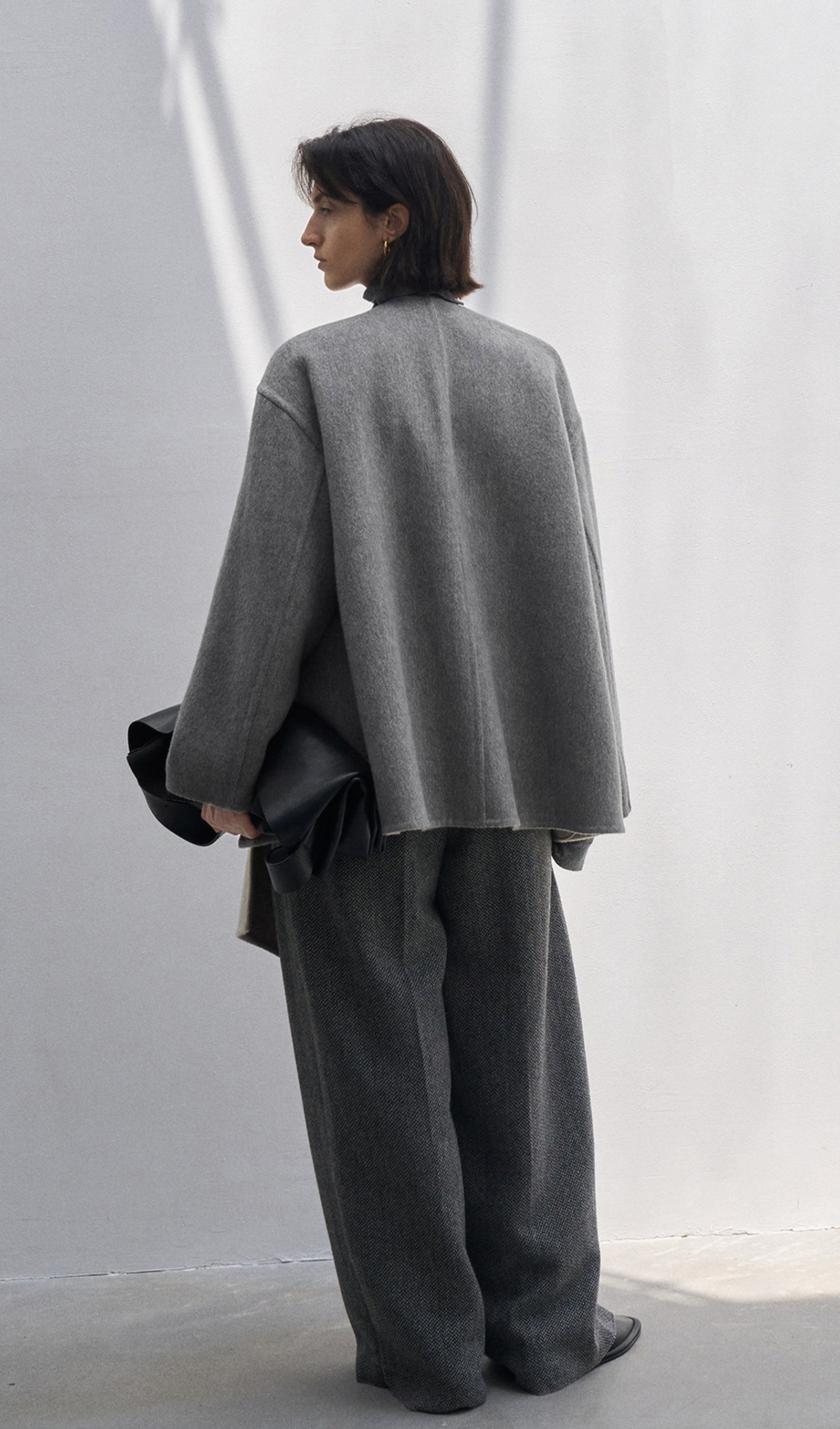 Solid Pelerin Stili %100 Yün Kaban-Gri