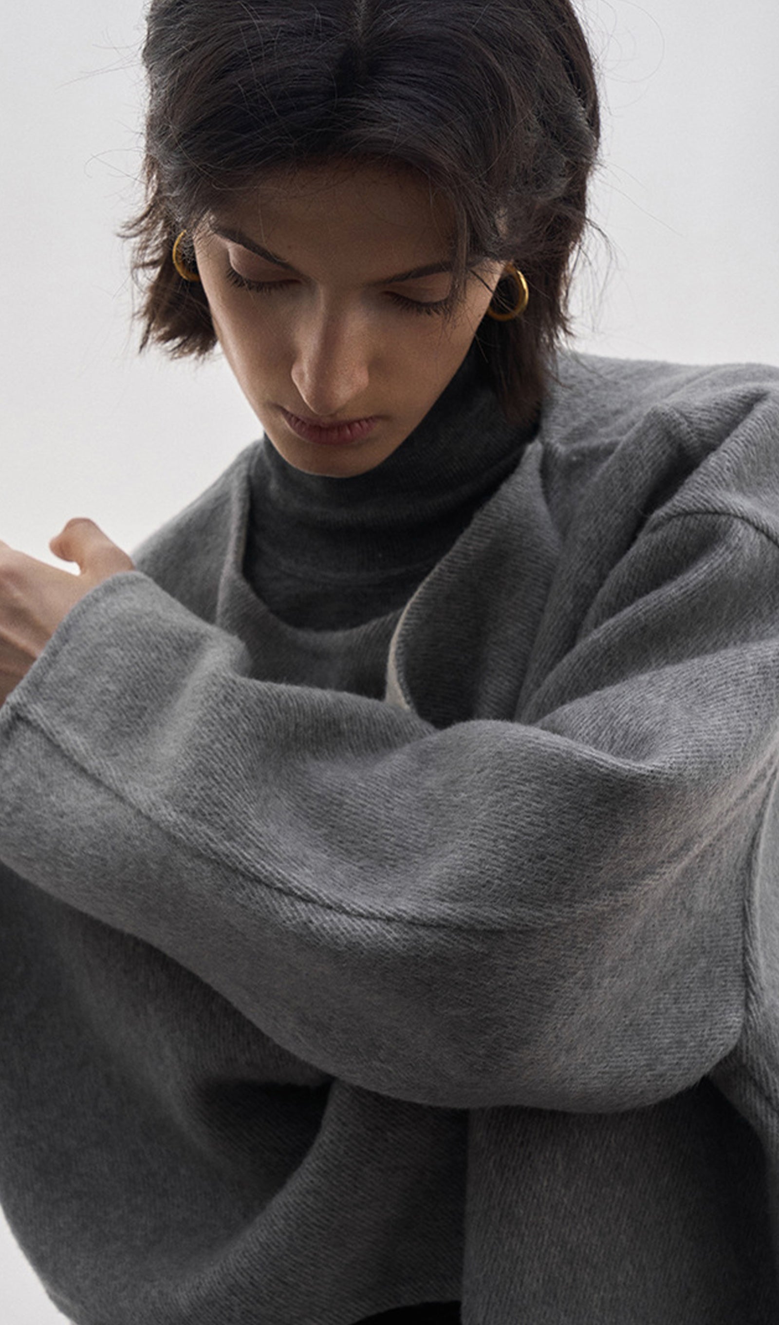 Solid Pelerin Stili %100 Yün Kaban-Gri