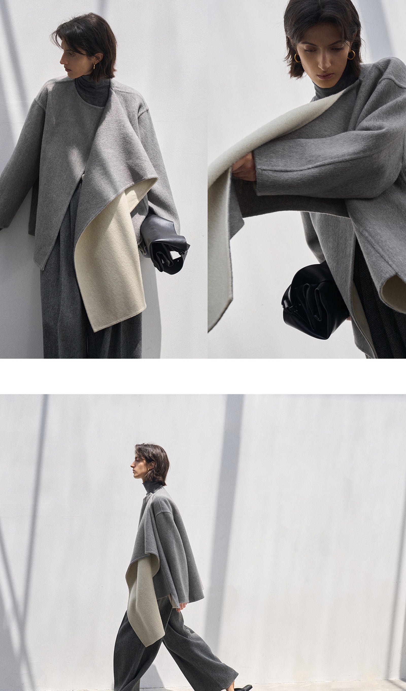 Solid Pelerin Stili %100 Yün Kaban-Gri