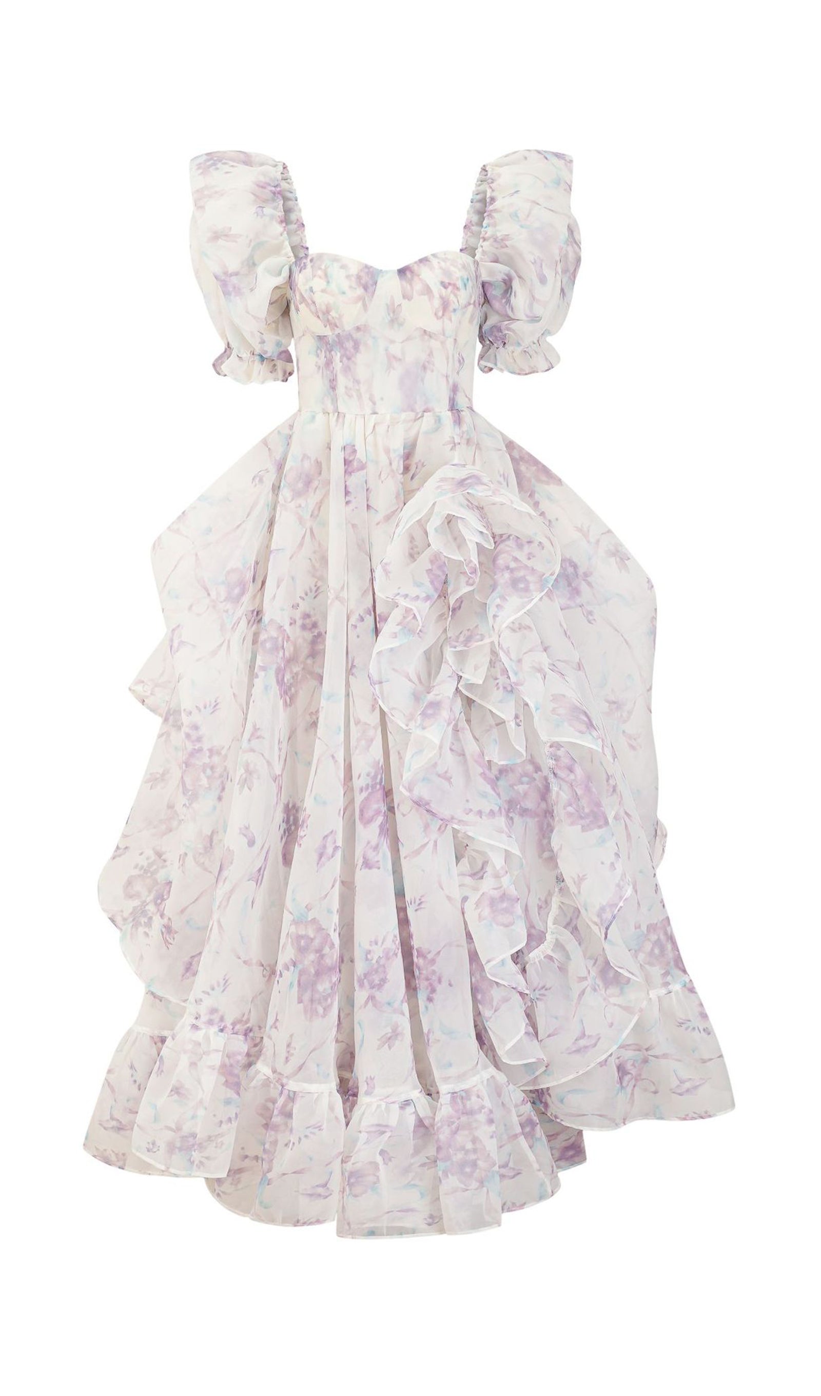 Çiçekli Kapalı Omuz Fırfır Yırtmaçlı Maksi Elbise