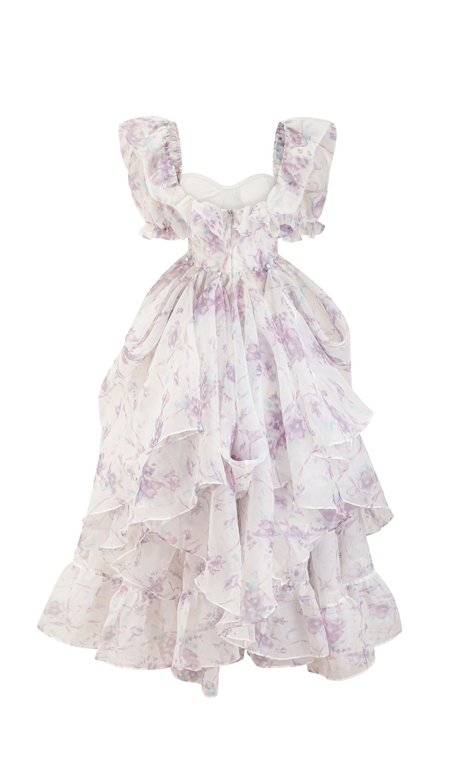 Çiçekli Kapalı Omuz Fırfır Yırtmaçlı Maksi Elbise