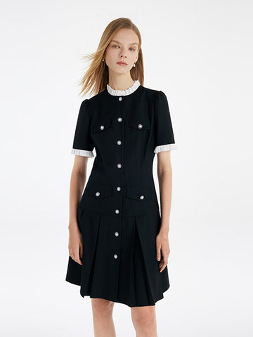 Fırfır Süslemeli İnci Düğmeli Kadın Mini Siyah Spor Elbise