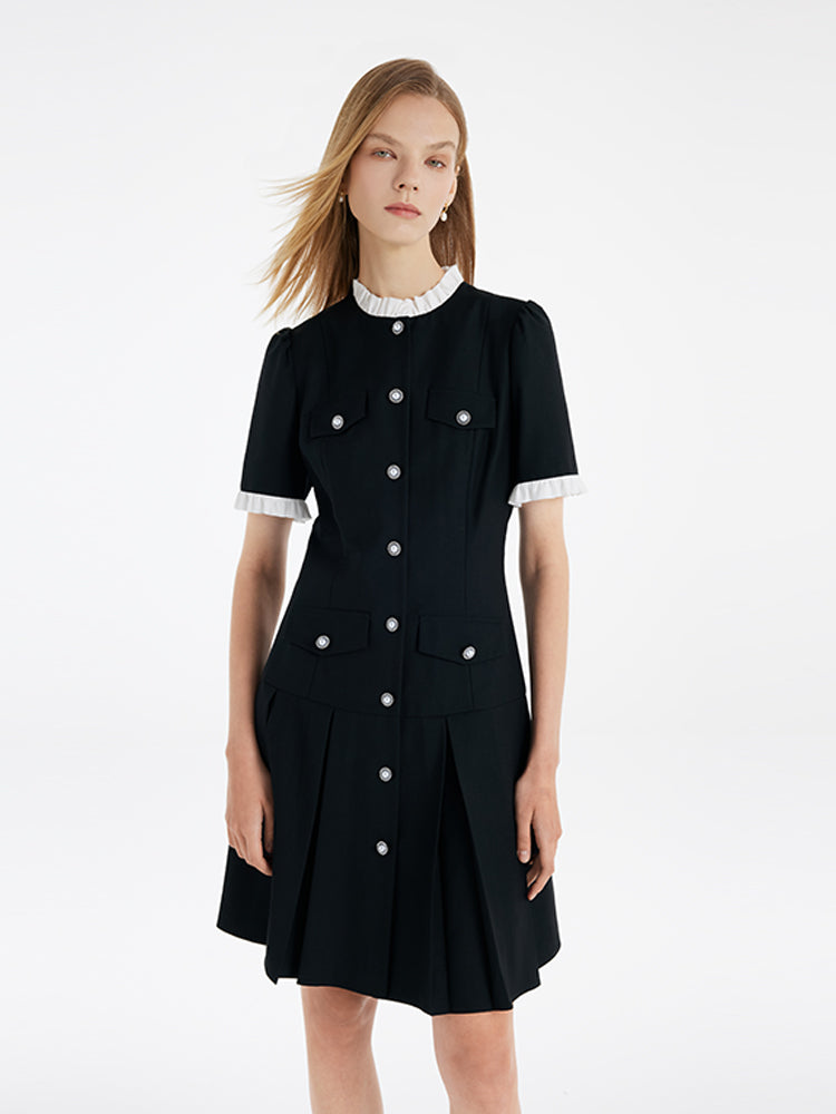 Fırfır Süslemeli İnci Düğmeli Kadın Mini Siyah Spor Elbise