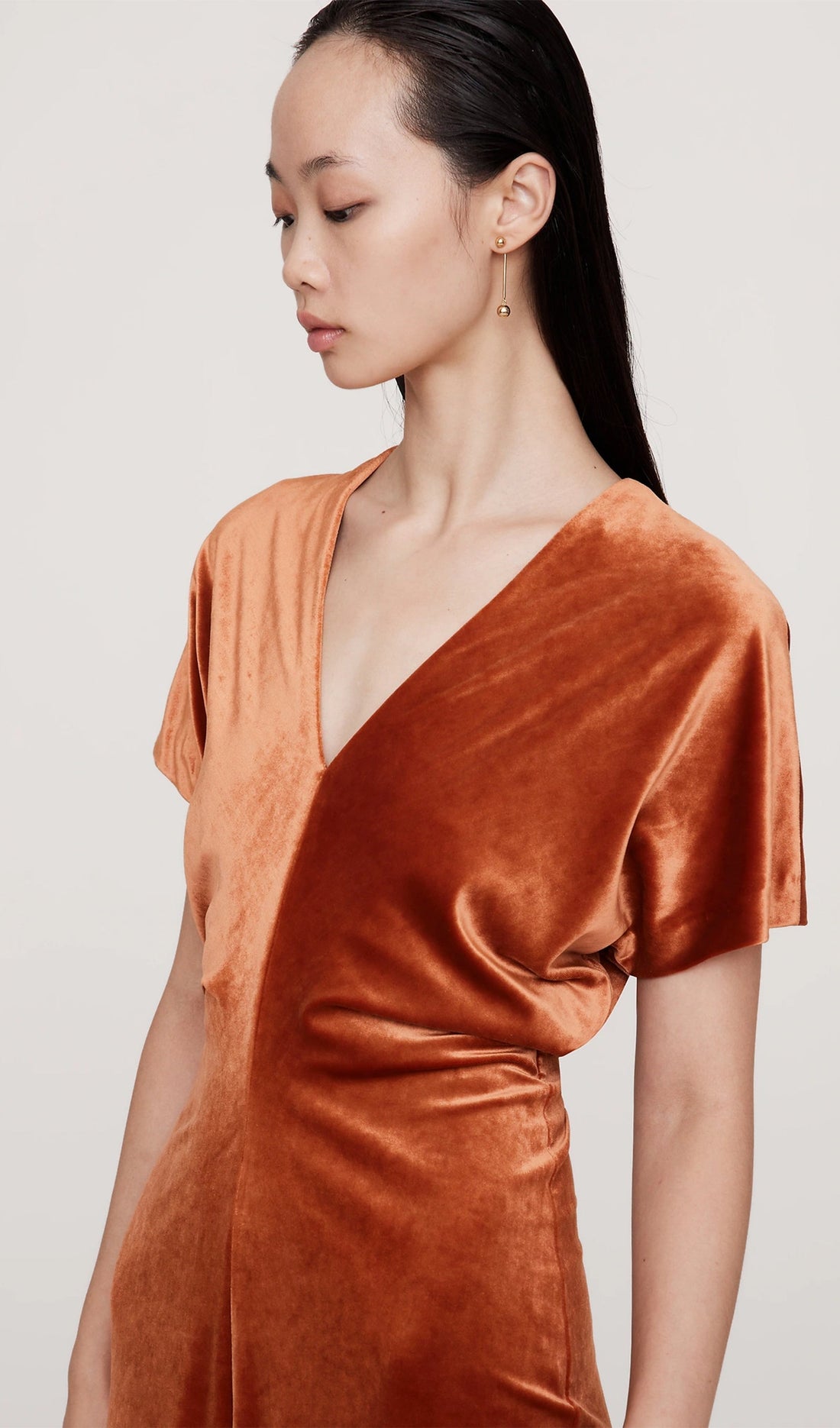 Biye Kesimli Kadife Maksi Elbise-Bakır