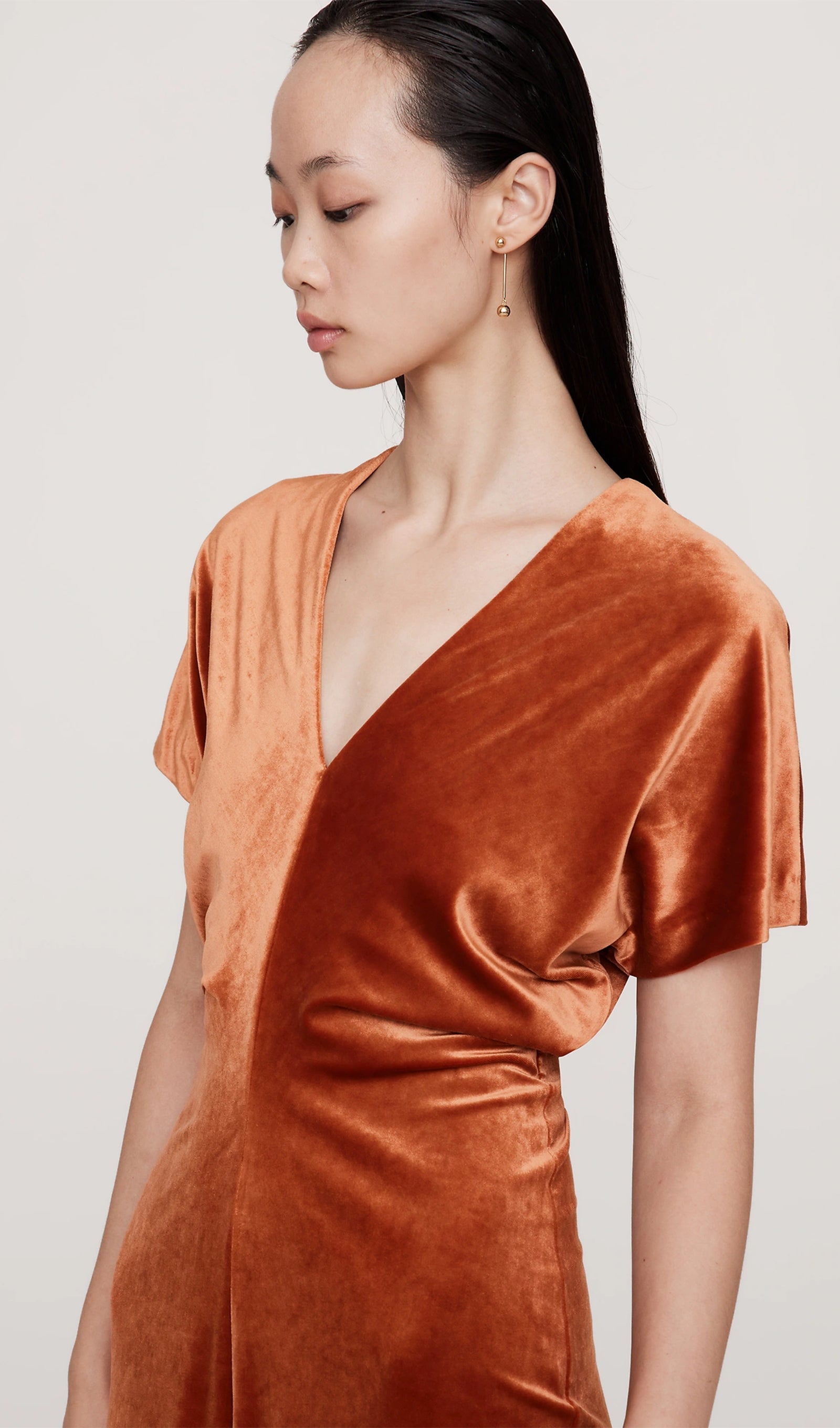 Biye Kesimli Kadife Maksi Elbise-Bakır