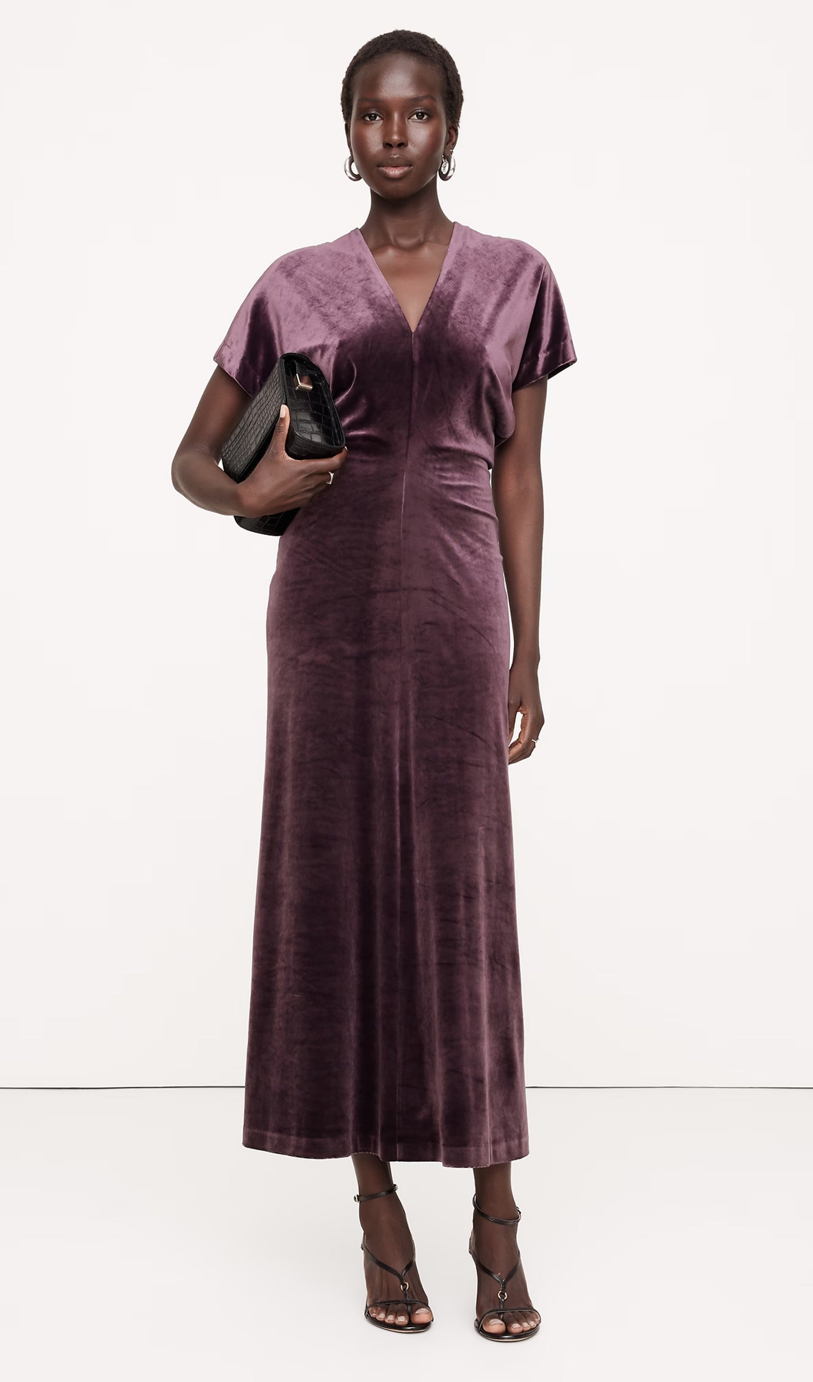 Biye Kesimli Kadife Maksi Elbise-Ruby Plum