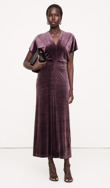 Biye Kesimli Kadife Maksi Elbise-Ruby Plum