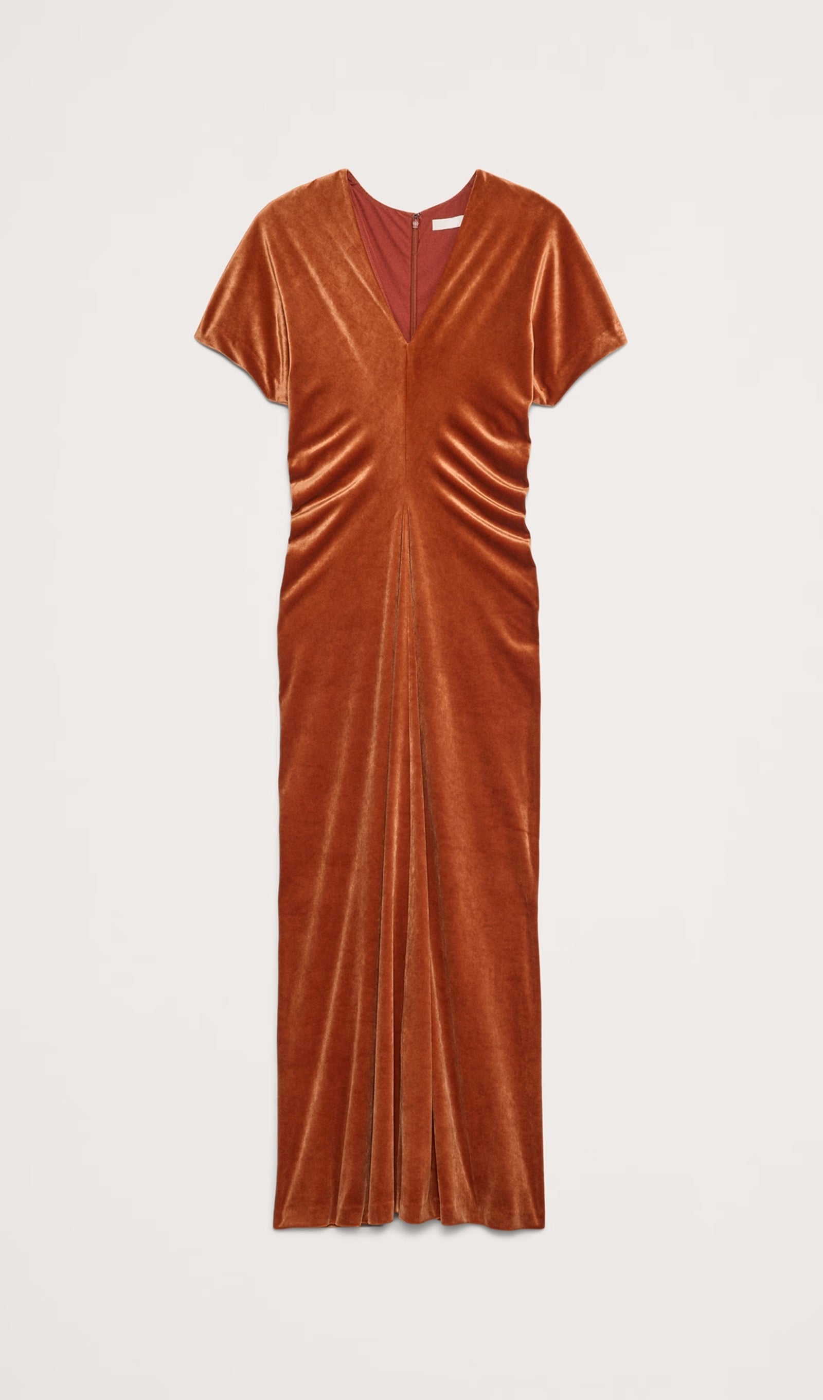 Biye Kesimli Kadife Maksi Elbise-Bakır