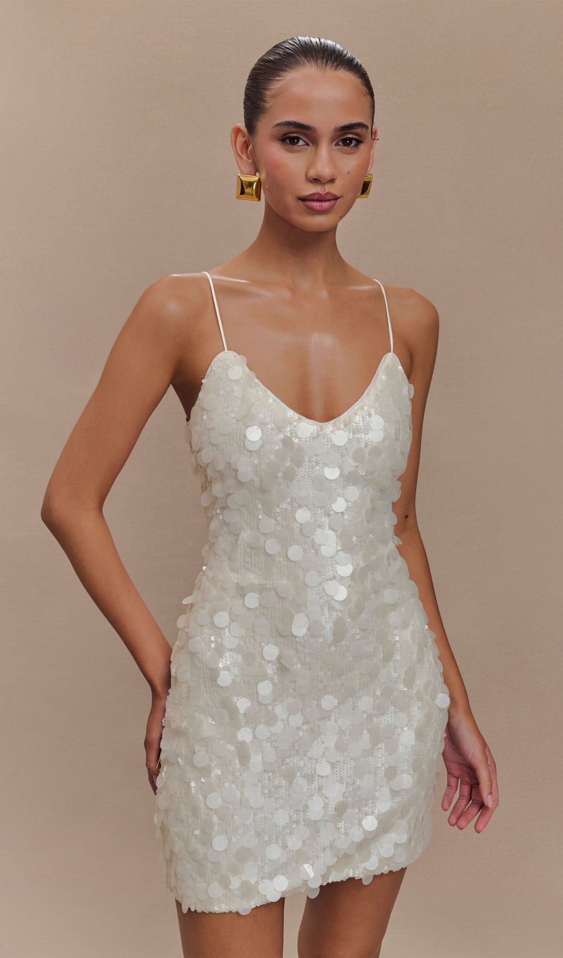 Payetli Mini Elbise - Beyaz