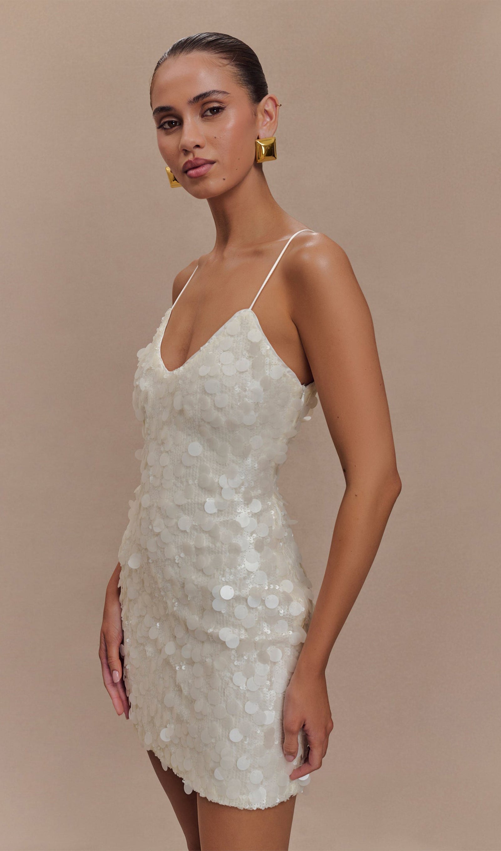 Payetli Mini Elbise - Beyaz