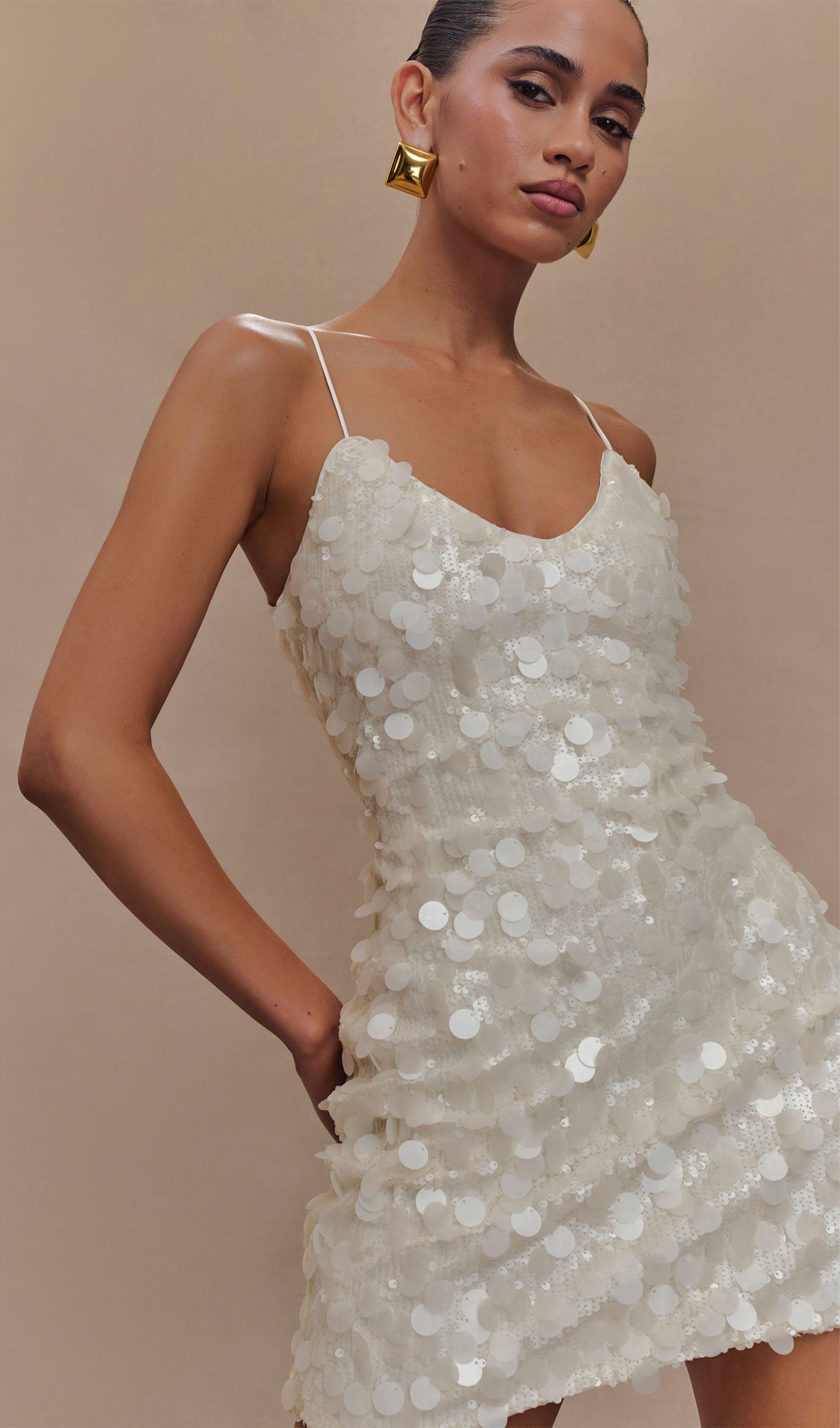 Payetli Mini Elbise - Beyaz