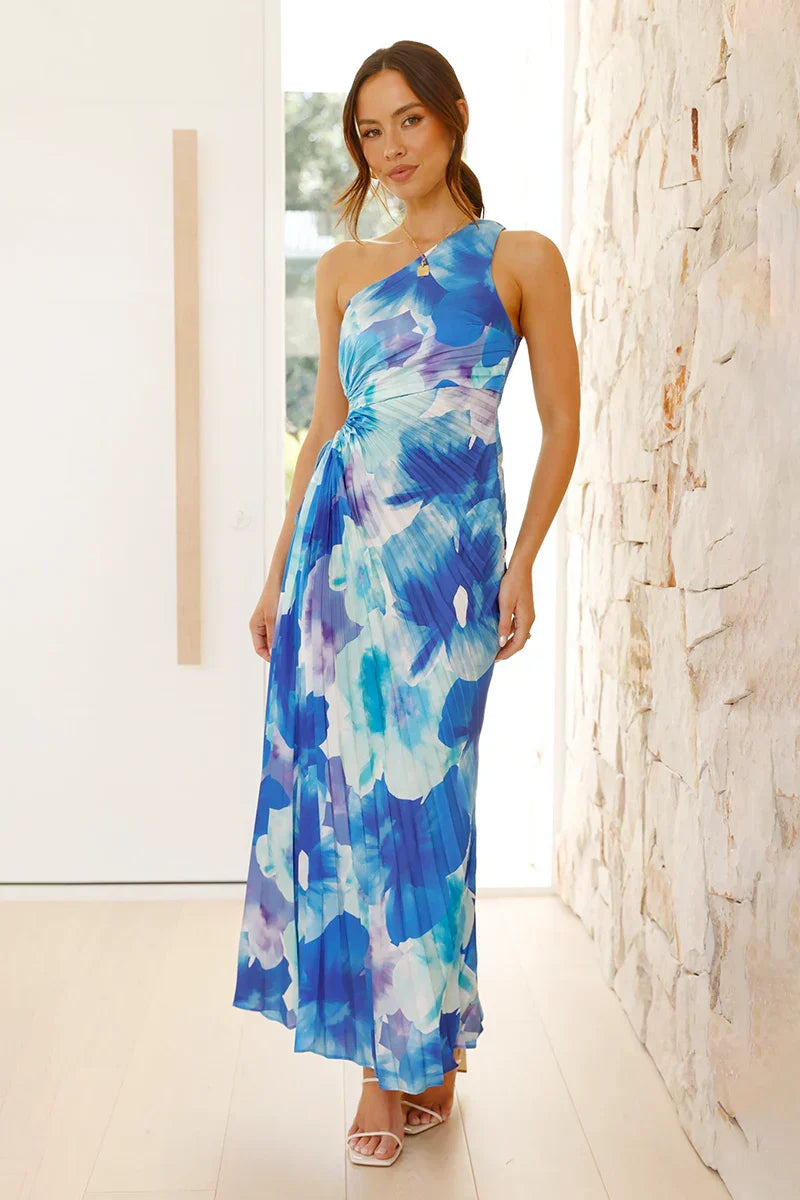 Laken Maxi Elbise - Mavi Çiçekli