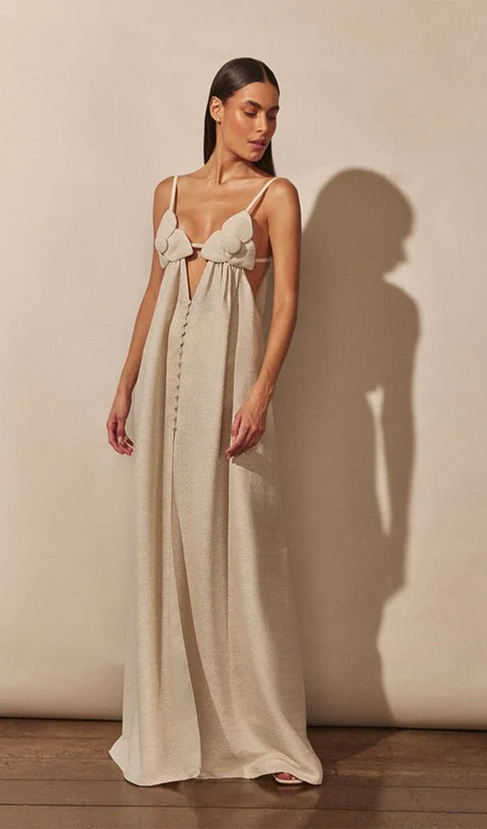 V Yaka Çiçekli Yüksek Yırtmaçlı Maksi Elbise