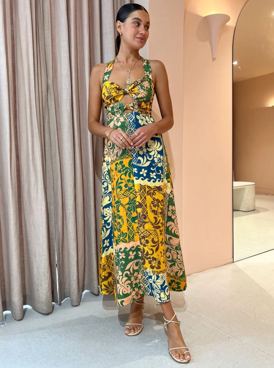 Seksi Baskı Bandaj Sırtı Açık Halter Baskılı Maxi Elbise