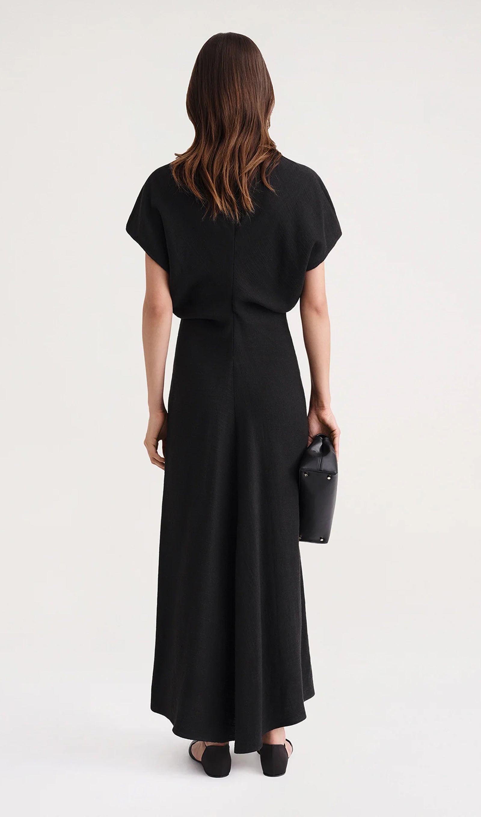 Slouch Bel Saten Midi Elbise-Siyah