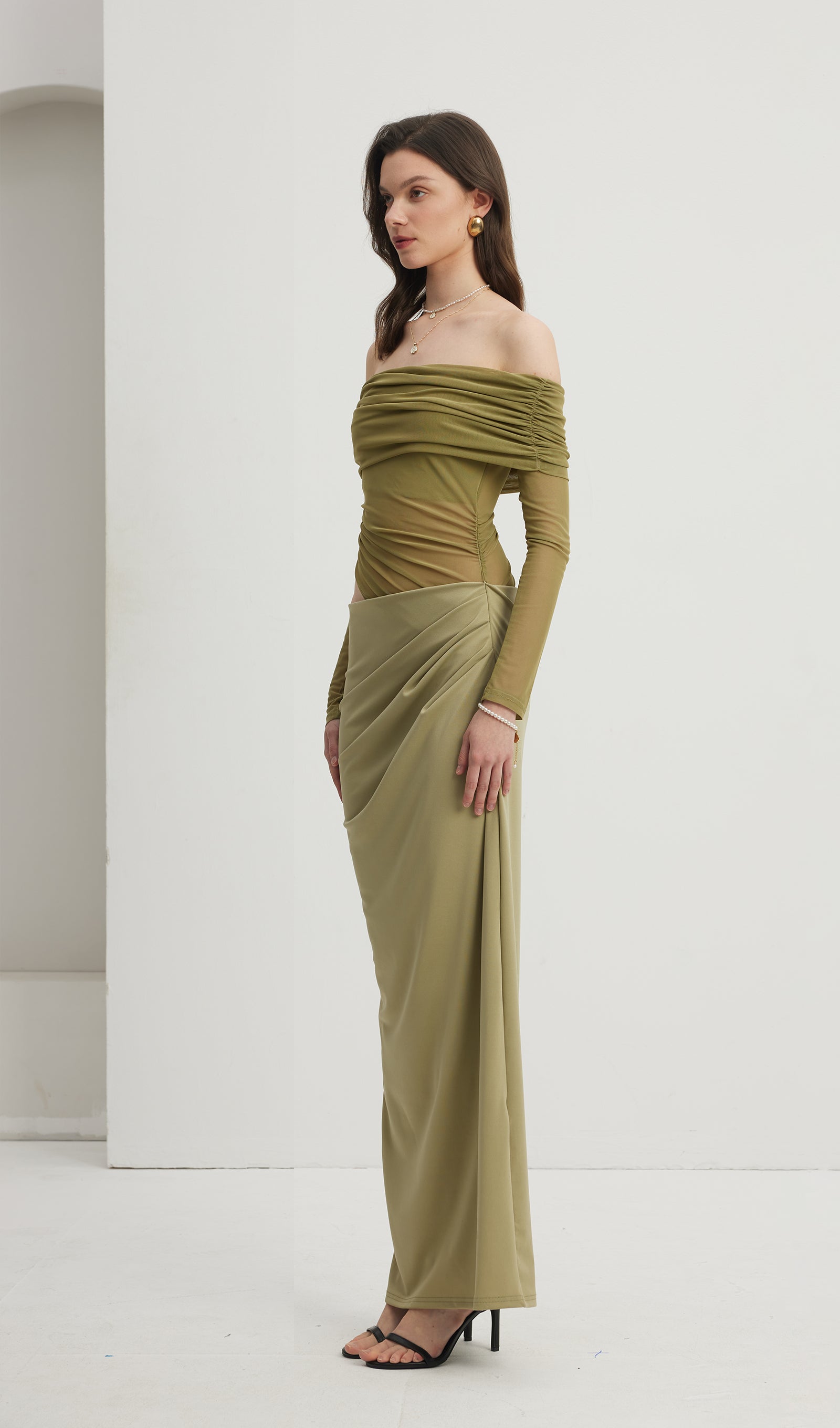 Kapalı Omuz Şeffaf Maksi Örgü Yeşil