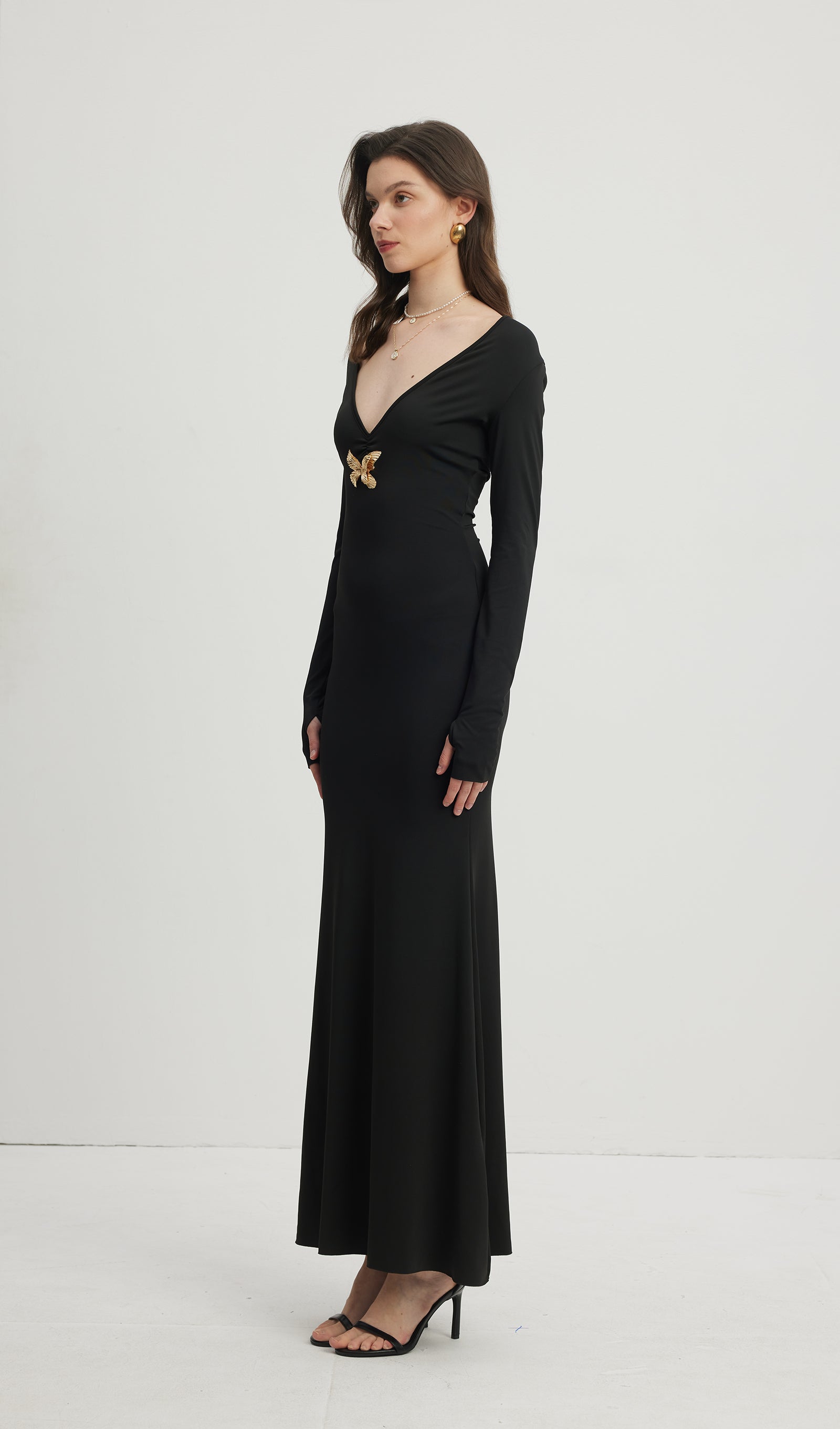 Derin V Yaka Maksi Elbise Siyah