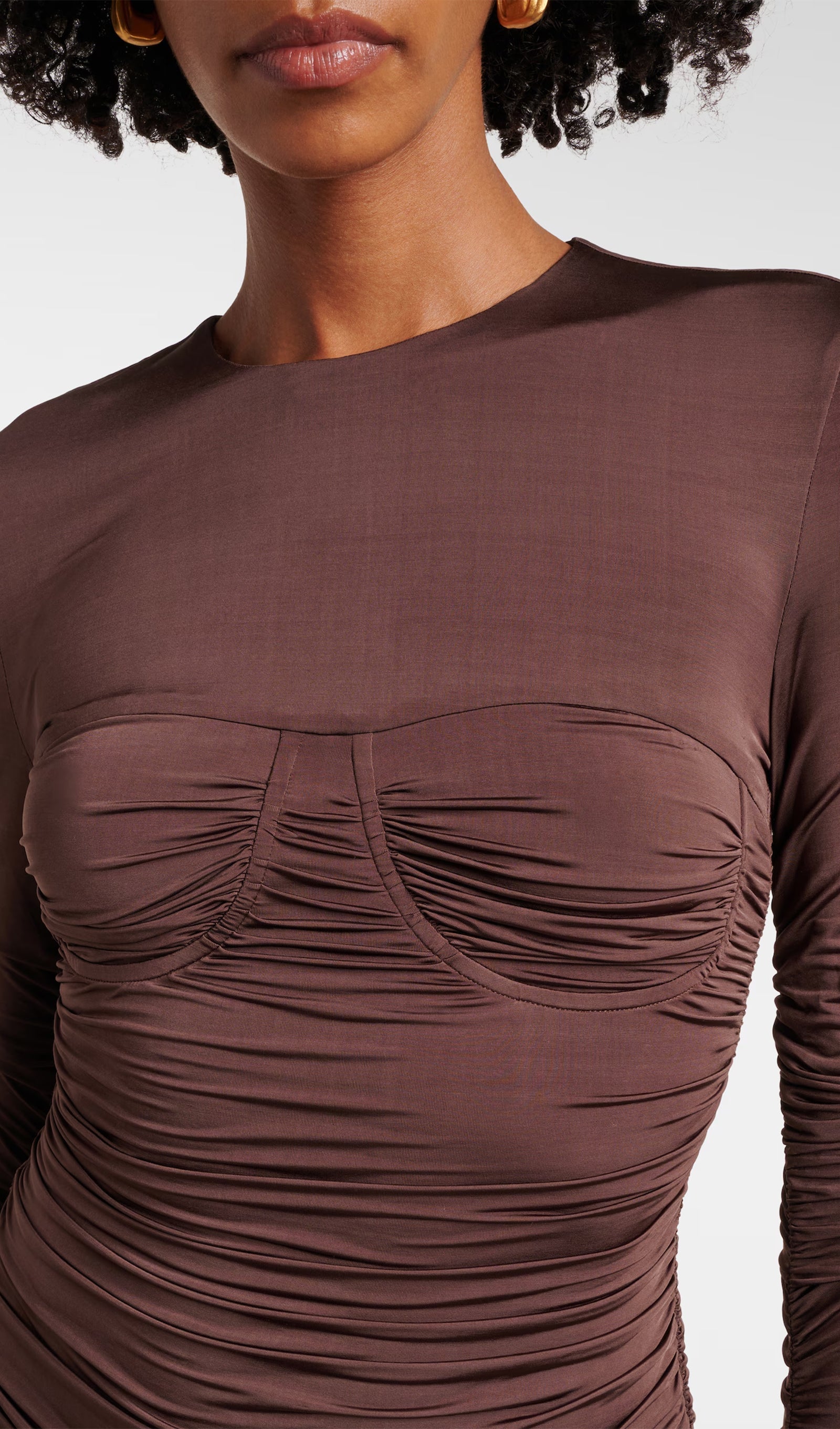 Drapeli Jersey ve Saten Maksi Elbise-Kahverengi