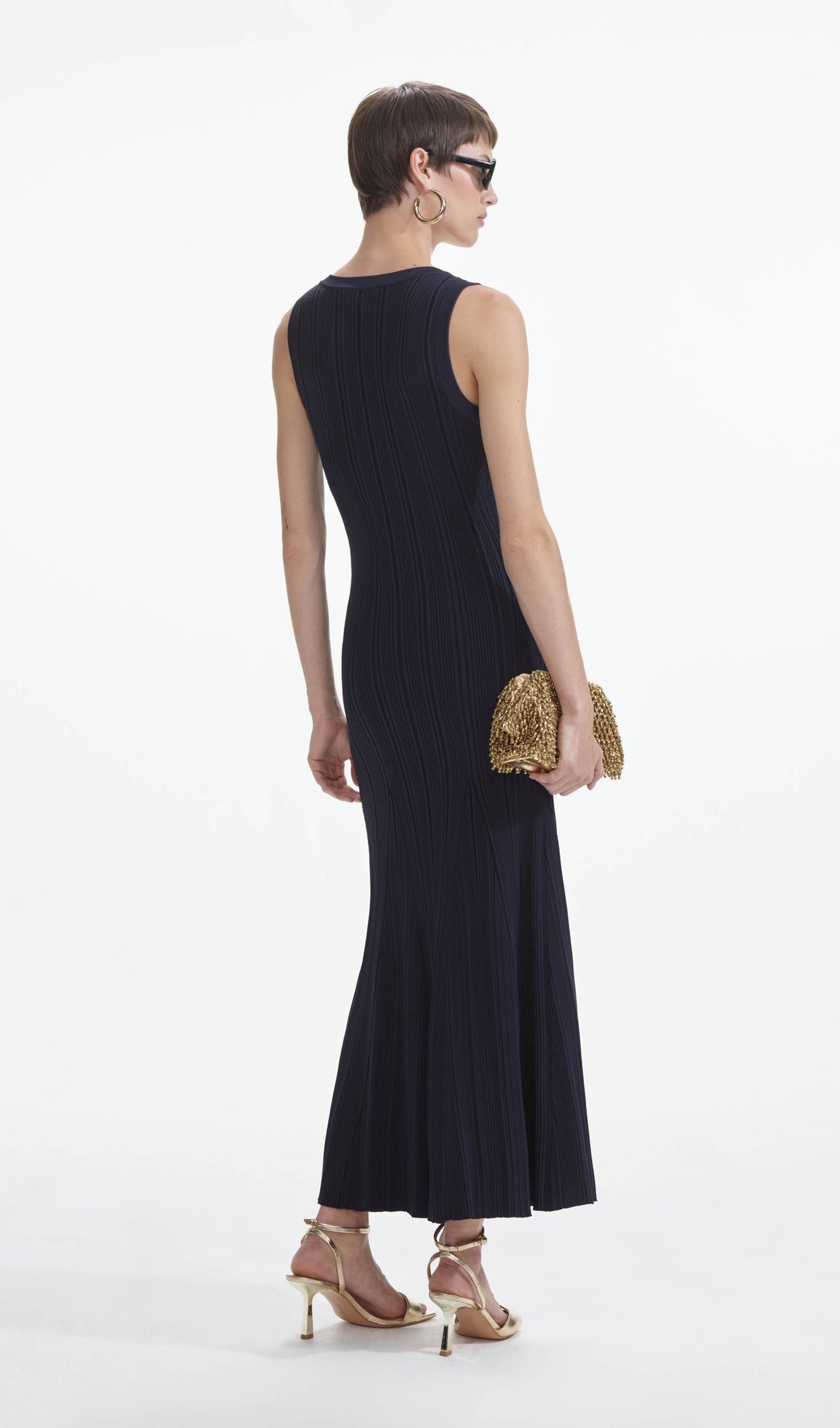 Metalik Düğmeli Örgü Midi Elbise