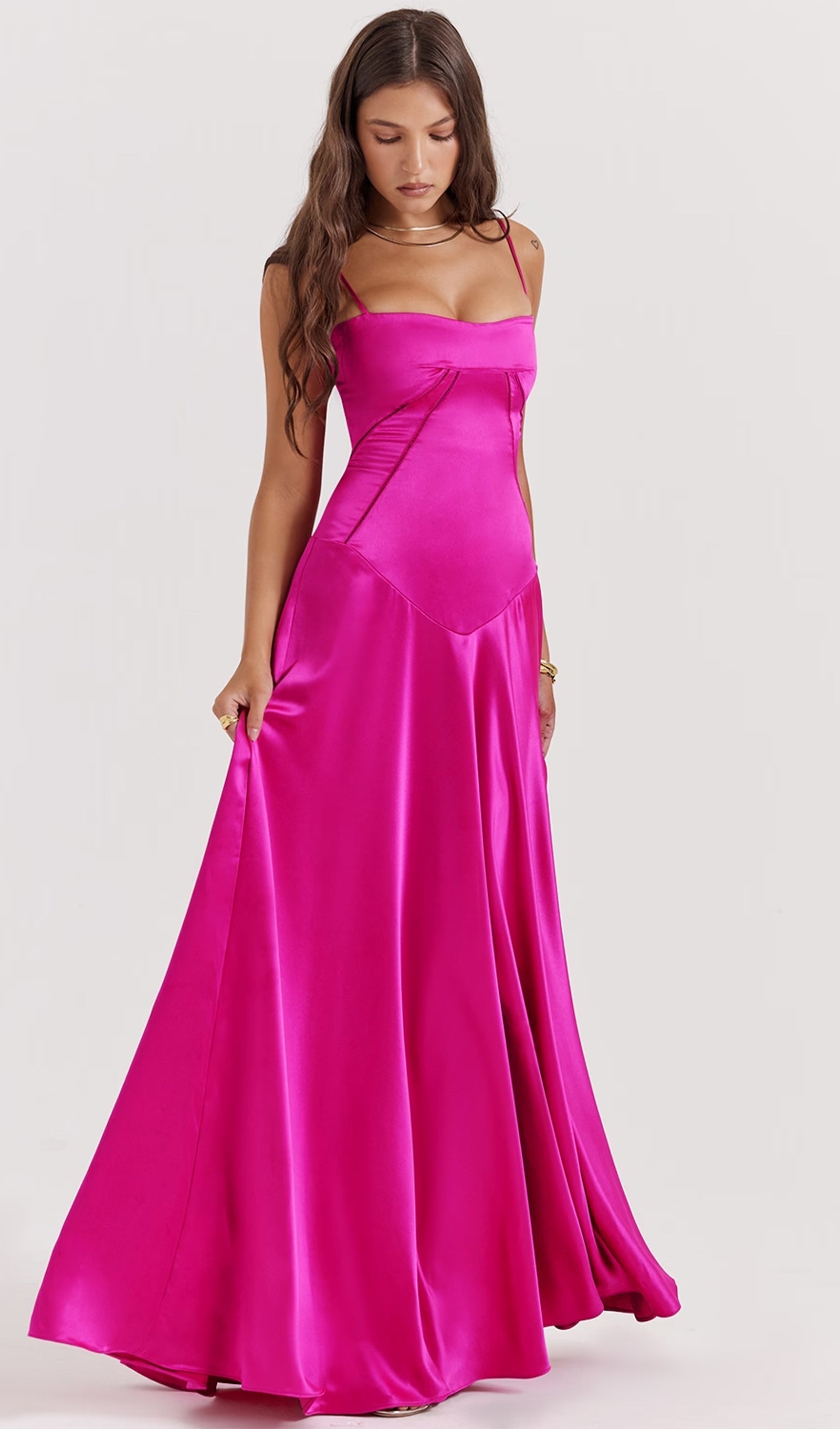 Saten Dantelli Maksi Elbise