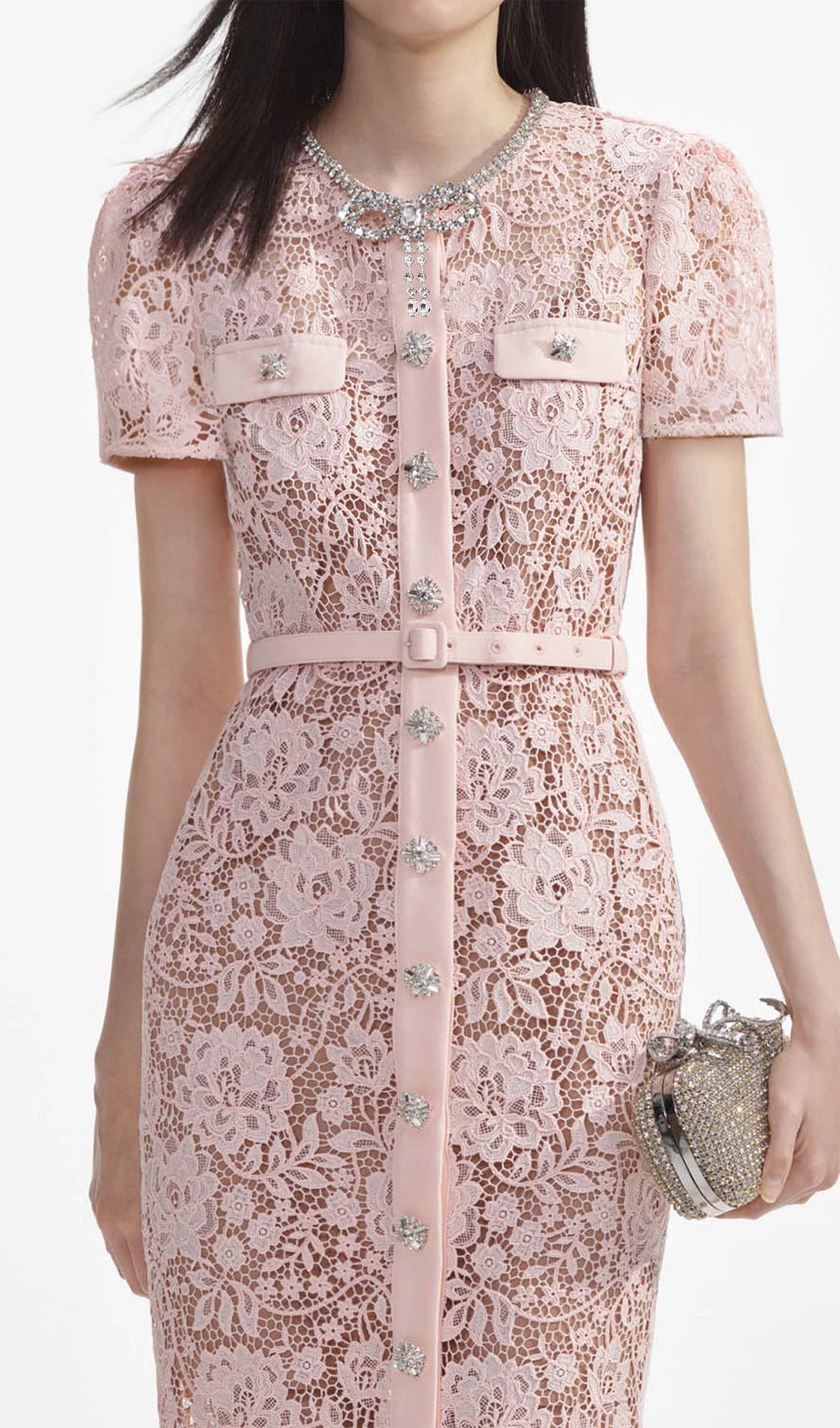 Dantel Diamante Fiyonklu Midi Elbise